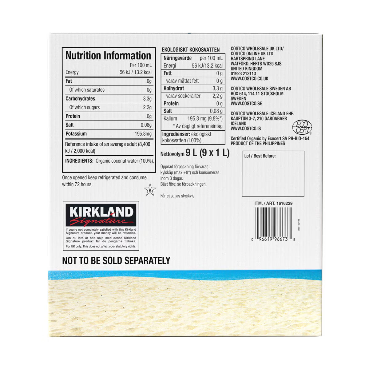 Kirkland Signature Organic Coconut Water No Added Sugar, 9 X 1L