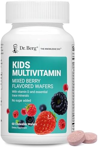 Dr. Berg Kids Chewable Multivitamins (NOT Sweetened w/Sugar) - Daily Multivitamin for Kids That Includes 20 Nutrients & Trace Mineral Complex - Mixed Berry Chewable Vitamins for Kid - Red Wafers
