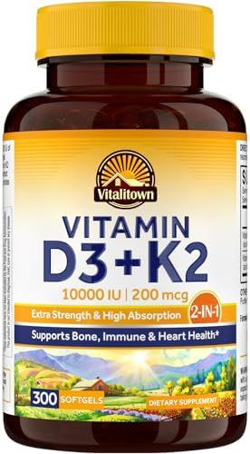 Vitalitown Vitamin D3 K2 Supplement, Vitamin D3 10000 IU Vitamin K2 (MK7) 200 mcg, 90 Softgels, Non-GMO, No Gluten & Soy, for Bone, Teeth, Immune & Heart Health