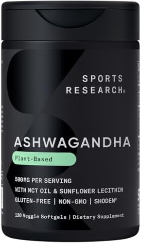 Sports Research® Ashwagandha Softgels with Coconut MCT Oil - Natural Ayurvedic Adaptogen Made with Shoden® Ashwa for Relaxation, Calm & Sleep Support - Gluten Free & Vegan Friendly - 120 Count