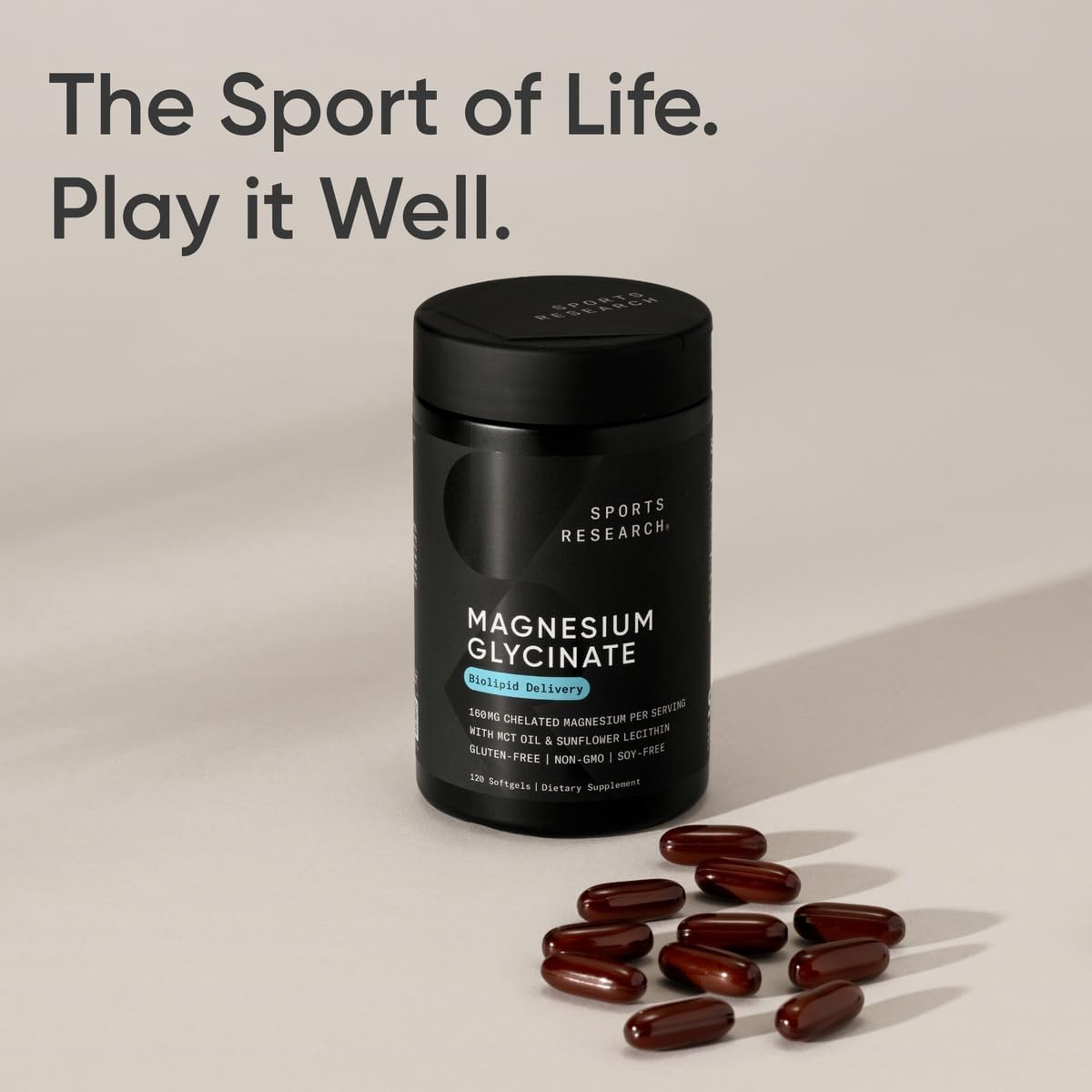 Sports Research® Magnesium Glycinate - Supports Restful Sleep & Enzymatic Processes - 160 mg Chelated Magnesium - Vegan Capsule - 90 Count