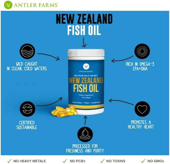 Antler Farms - 100% Pure Wild Caught New Zealand Fish Oil from Deep Ocean, Cold Water Fish, 120 Softgels - Clean, Fresh Omega-3 EPA + DHA Supplement, Keto Friendly, Super Clean
