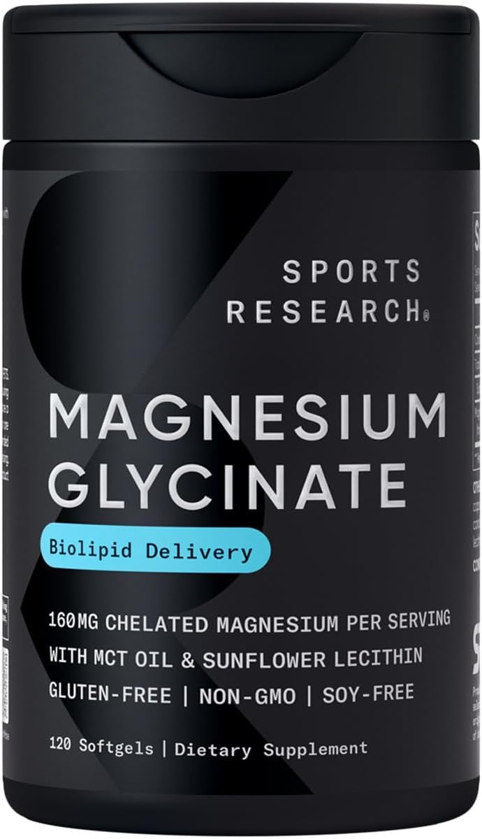 Sports Research® Magnesium Glycinate - Supports Restful Sleep & Enzymatic Processes - 160 mg Chelated Magnesium - Vegan Capsule - 90 Count