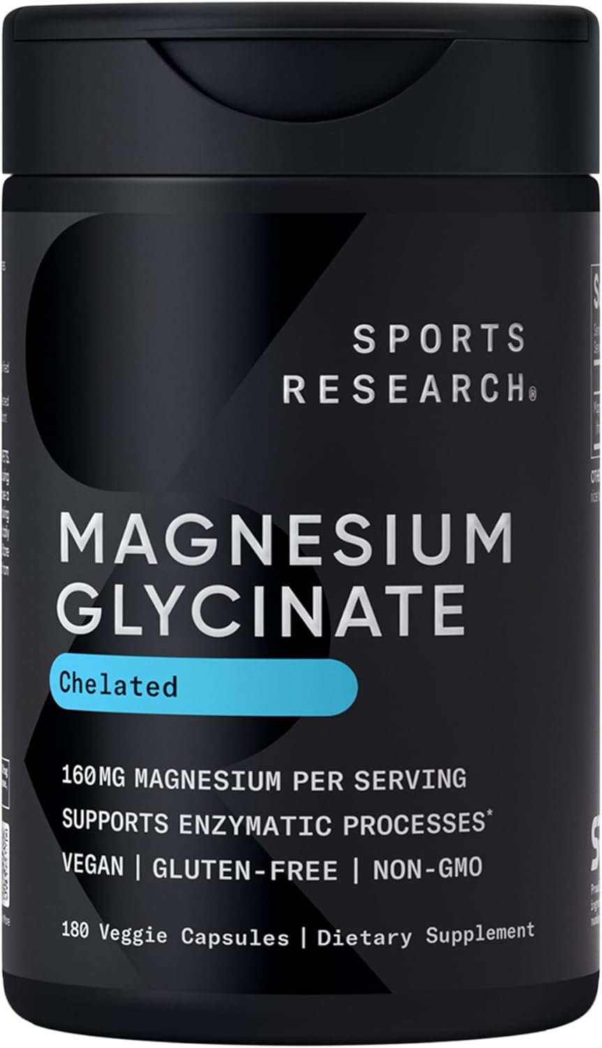Sports Research® Magnesium Glycinate - Supports Restful Sleep & Enzymatic Processes - 160 mg Chelated Magnesium - Vegan Capsule - 90 Count