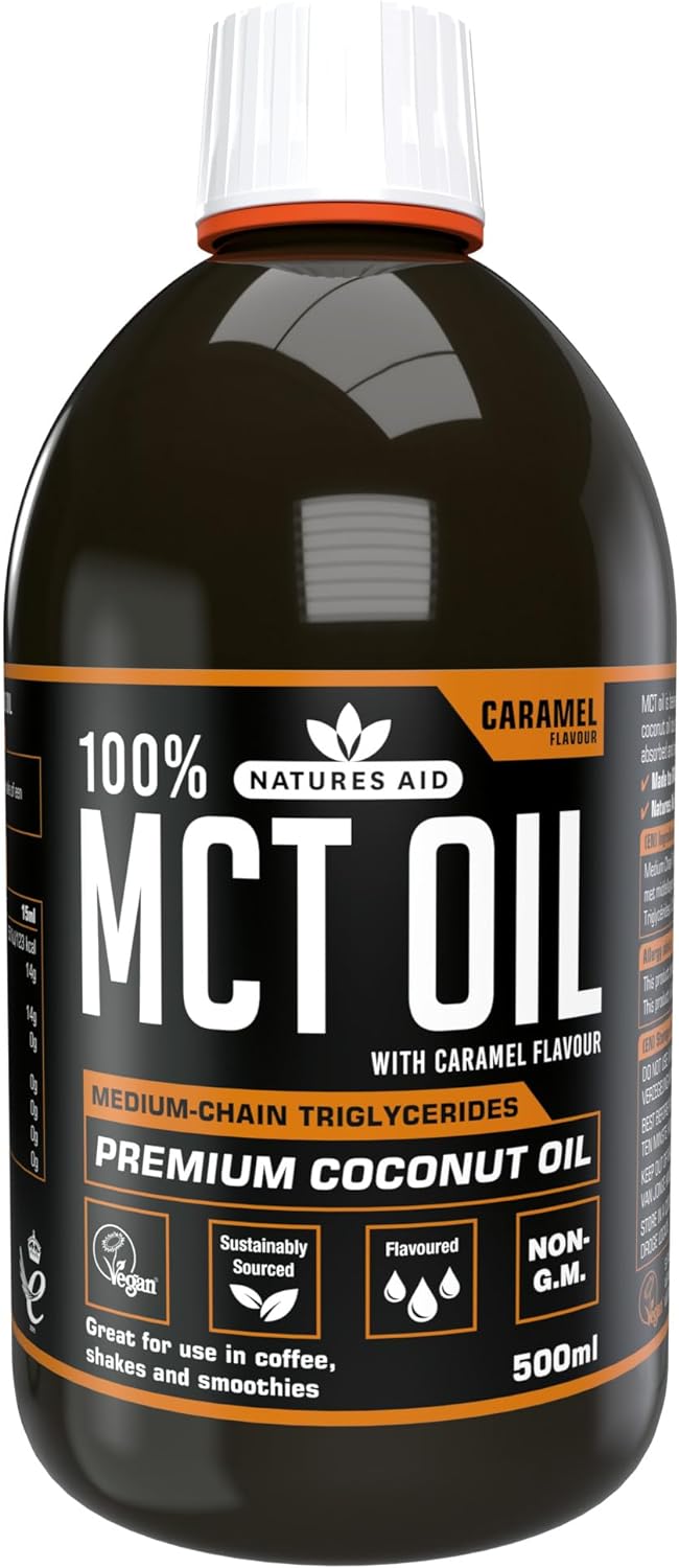 زيت MCT بنسبة 100% من Natures Aid، زيت جوز الهند الفاخر، من مصدر مستدام، يُضاف إلى القهوة أو المخفوقات، نباتي، 500 مل