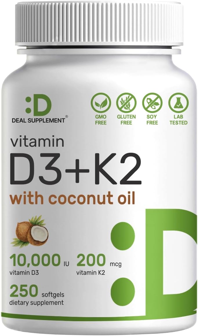 DEAL SUPPLEMENT Vitamin D3 10,000 IU + K2 MK7 200mcg Softgels, 250 Count | 2-in-1 Complex with Virgin Coconut Oil | Supports Heart, Bone, Teeth & Immune Health | Easy to Swallow