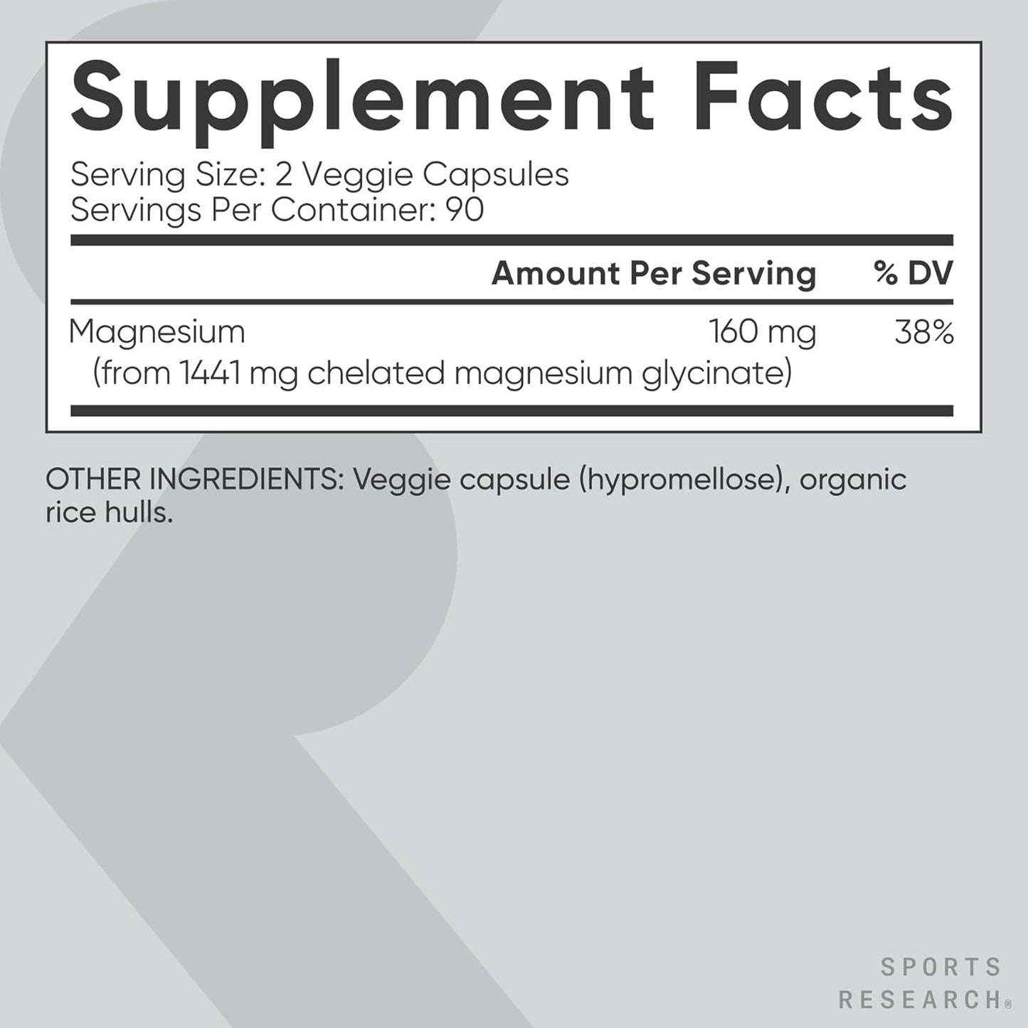 Sports Research® Magnesium Glycinate - Supports Restful Sleep & Enzymatic Processes - 160 mg Chelated Magnesium - Vegan Capsule - 90 Count