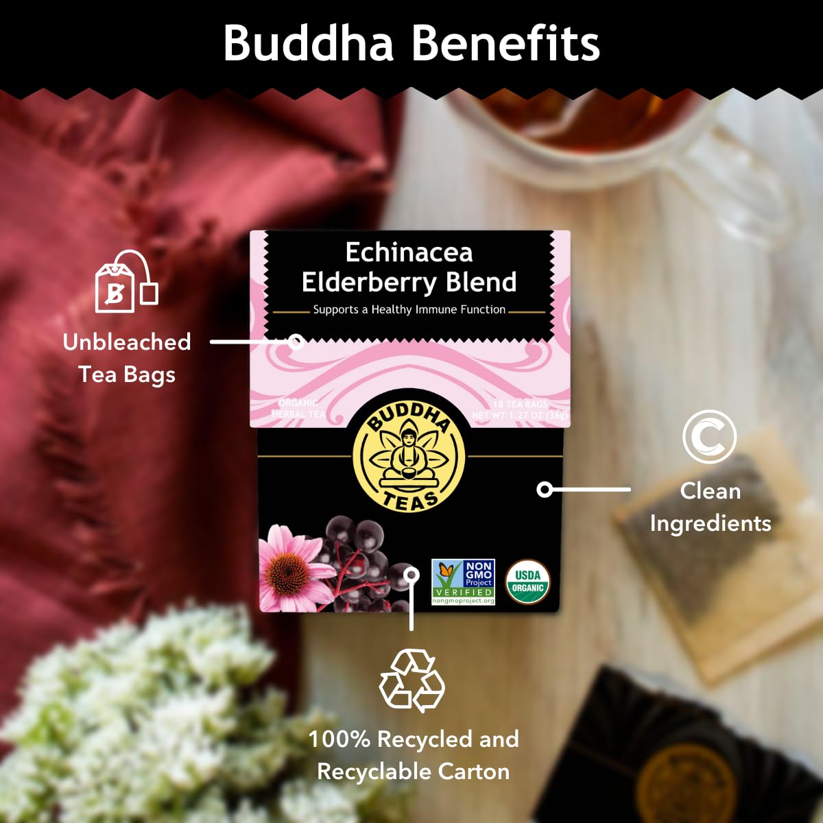 Buddha Teas Organic Dandelion Root Tea – 18 Bleach-Free Tea Bags – Caffeine-Free Tea with a Rich, Earthy Taste, Natural Source of Vitamins, Minerals, and Antioxidants, Kosher, GMO-Free