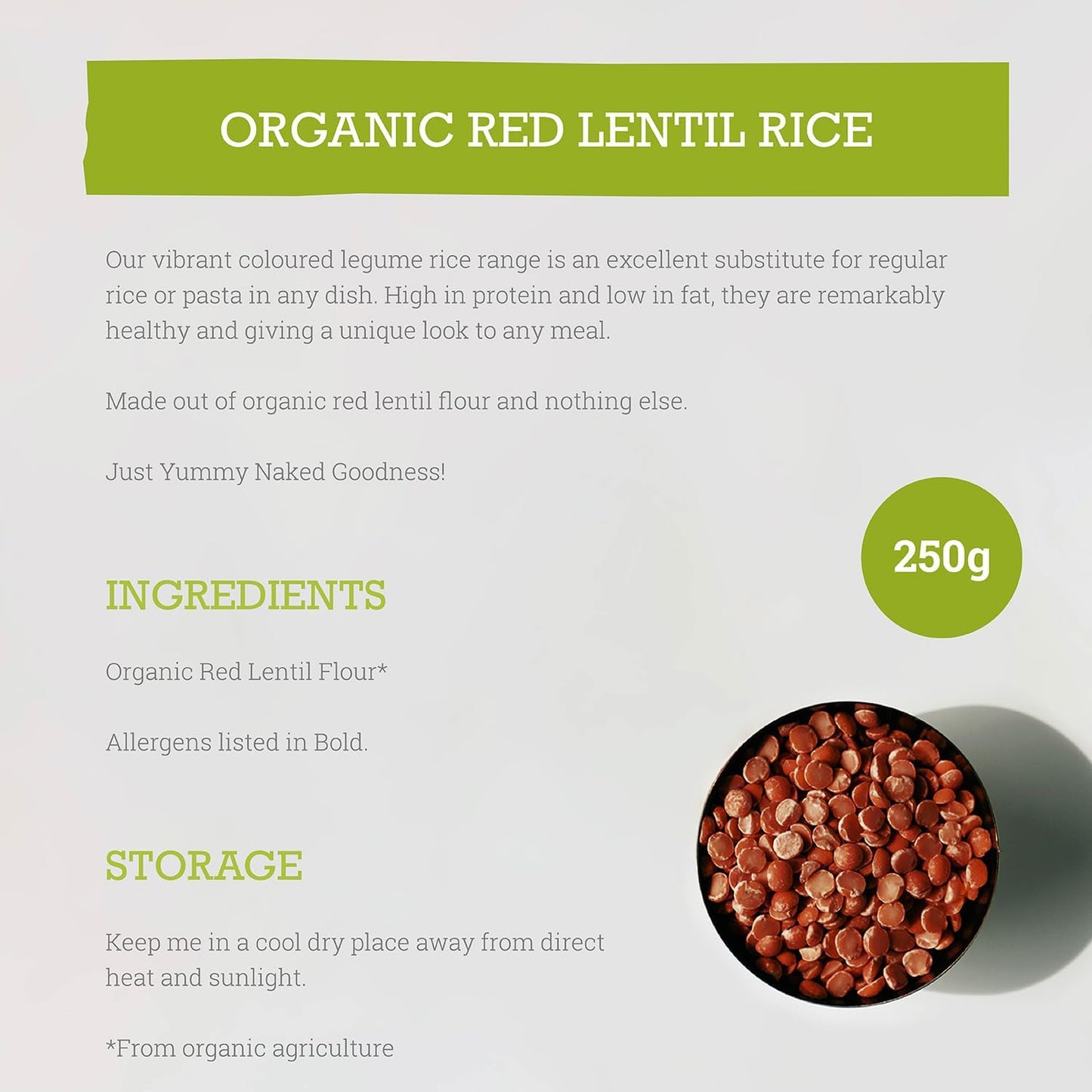 Mr Organic - Organic Mr Organic Red Lentil Protein Rice 250g - Non GMO & Preservative Free - Gluten Free & Vegan - Made With Red Lentil Flour