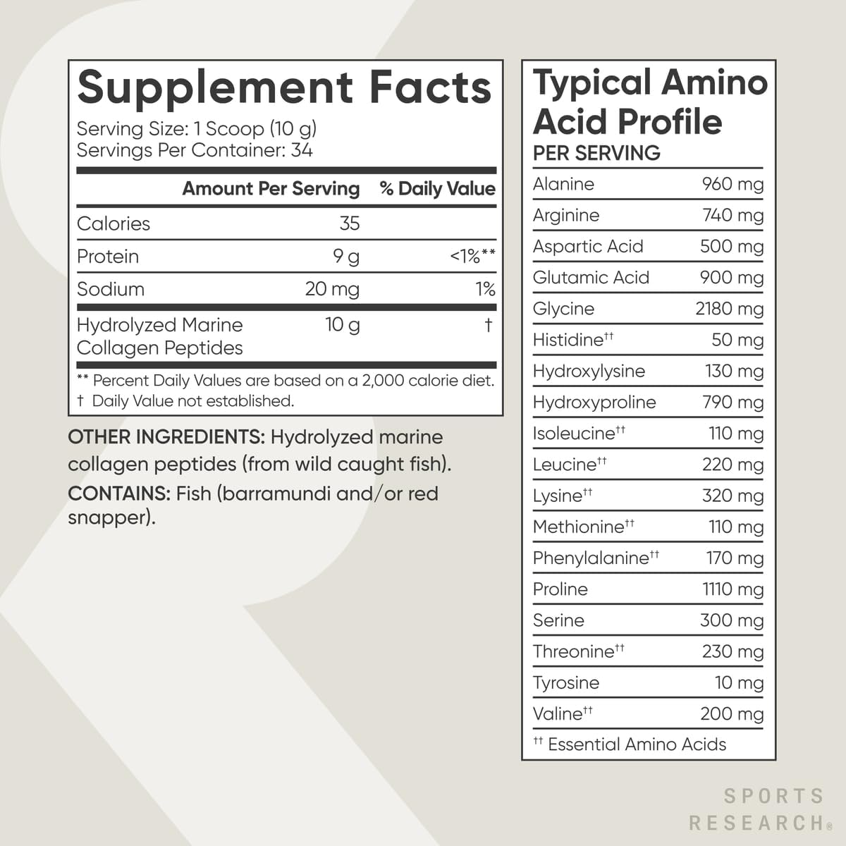 Sports Research Marine Collagen Peptides Powder - Sourced from Wild-Caught Fish, Pescatarian Friendly, Keto Certified & Non-GMO Verified - Easy to Mix in Water or Juice! (34 Servings)