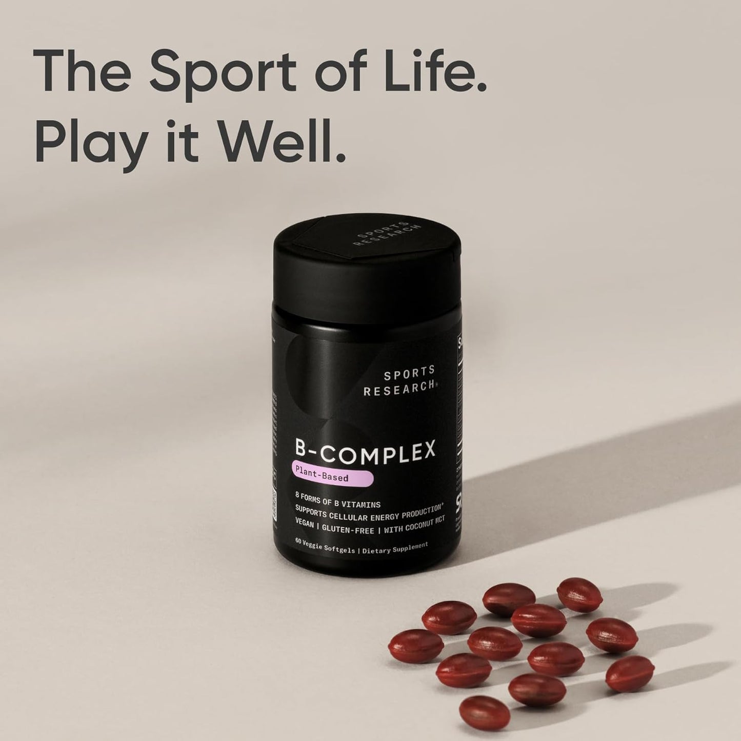 Sports Research Vitamin B-Complex - Full Spectrum of B Vitamins - Plant-Based Vegan-Friendly Formula - 60 Veggie Softgels