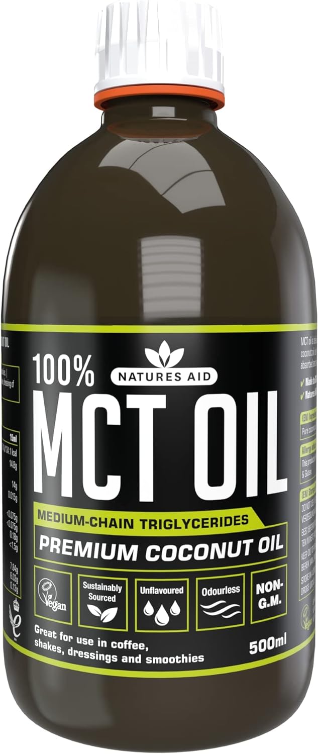 زيت MCT بنسبة 100% من Natures Aid، زيت جوز الهند الفاخر، من مصدر مستدام، يُضاف إلى القهوة أو المخفوقات، نباتي، 500 مل