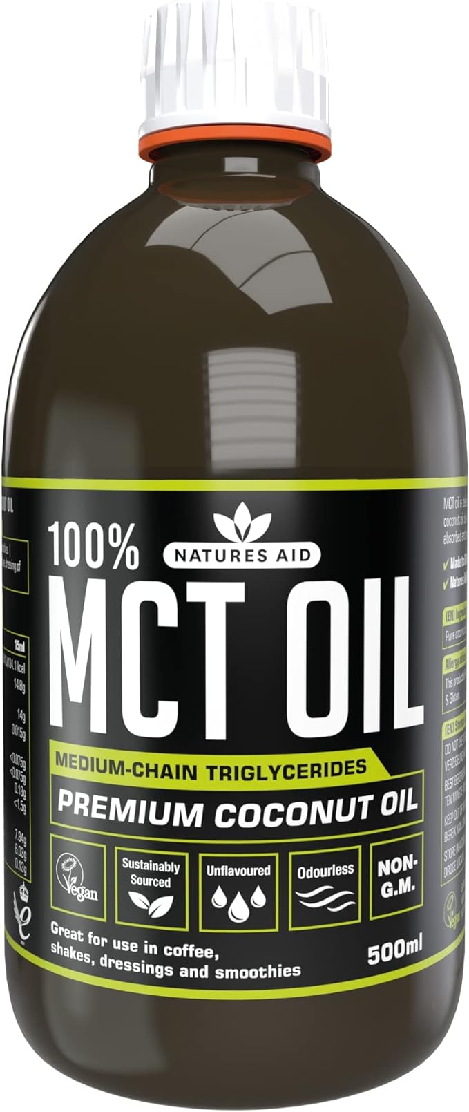 زيت MCT بنسبة 100% من Natures Aid، زيت جوز الهند الفاخر، من مصدر مستدام، يُضاف إلى القهوة أو المخفوقات، نباتي، 500 مل