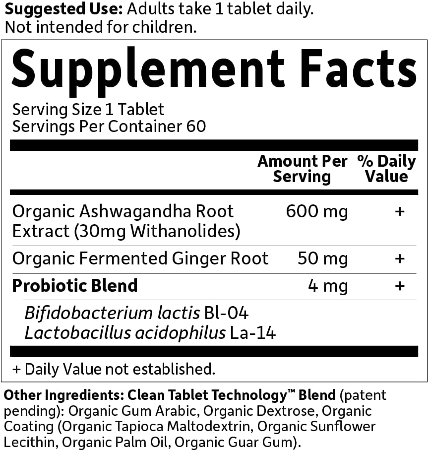 Garden of Life Organic Ashwagandha Supplement with Probiotics & Ginger - Stress, Mood & Energy Support, Vegan, Gluten Free, Non GMO, 2 Month Supply, 60 Tablets