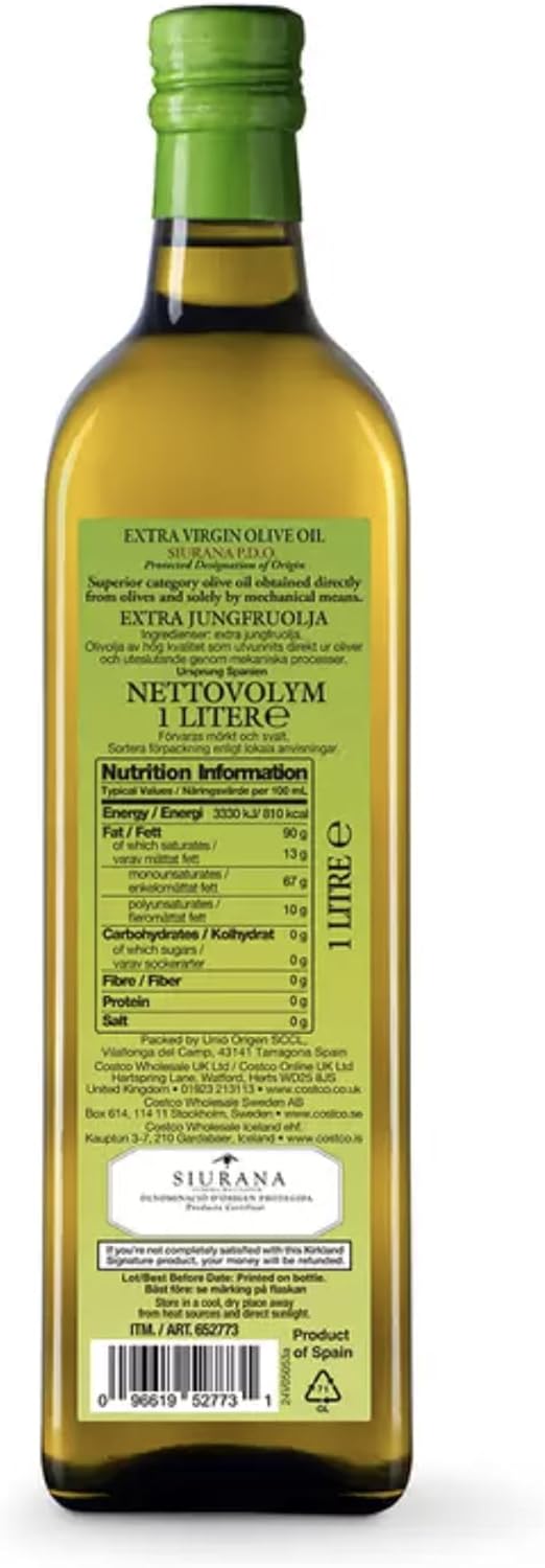 Kirkland Signature Extra Virgin Siurana Olive Oil, 1L (33.8 fl oz) Sold By Slamtech