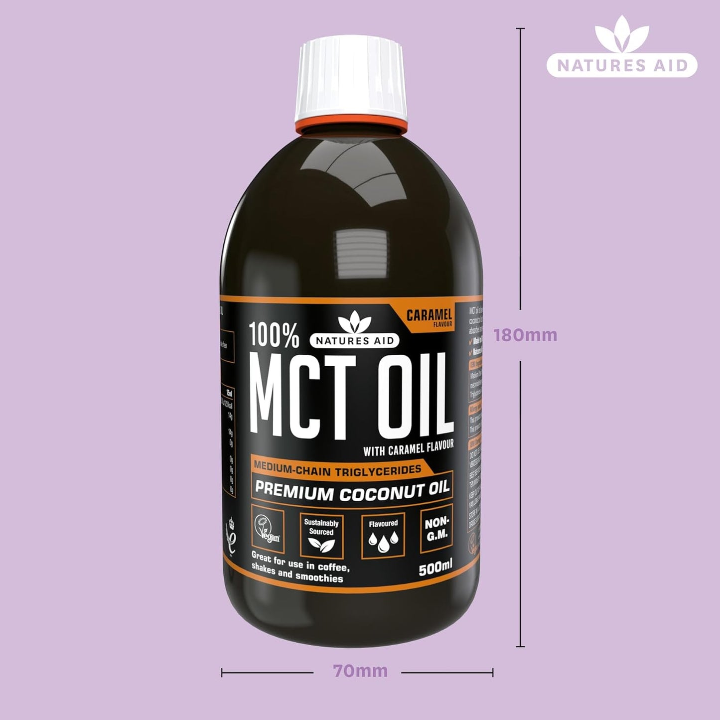 زيت MCT بنسبة 100% من Natures Aid، زيت جوز الهند الفاخر، من مصدر مستدام، يُضاف إلى القهوة أو المخفوقات، نباتي، 500 مل