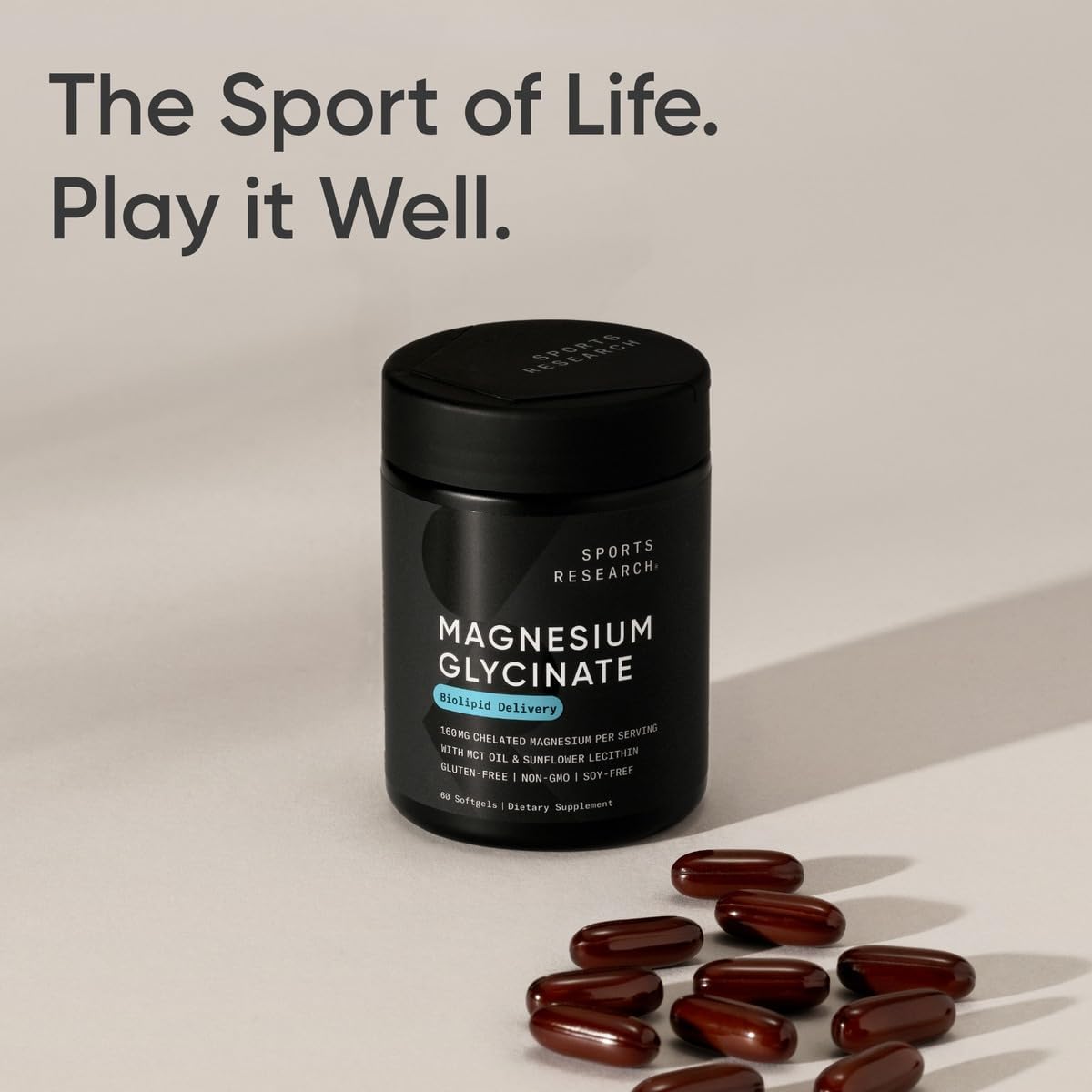 Sports Research® Magnesium Glycinate - Supports Restful Sleep & Enzymatic Processes - 160 mg Chelated Magnesium - Vegan Capsule - 90 Count