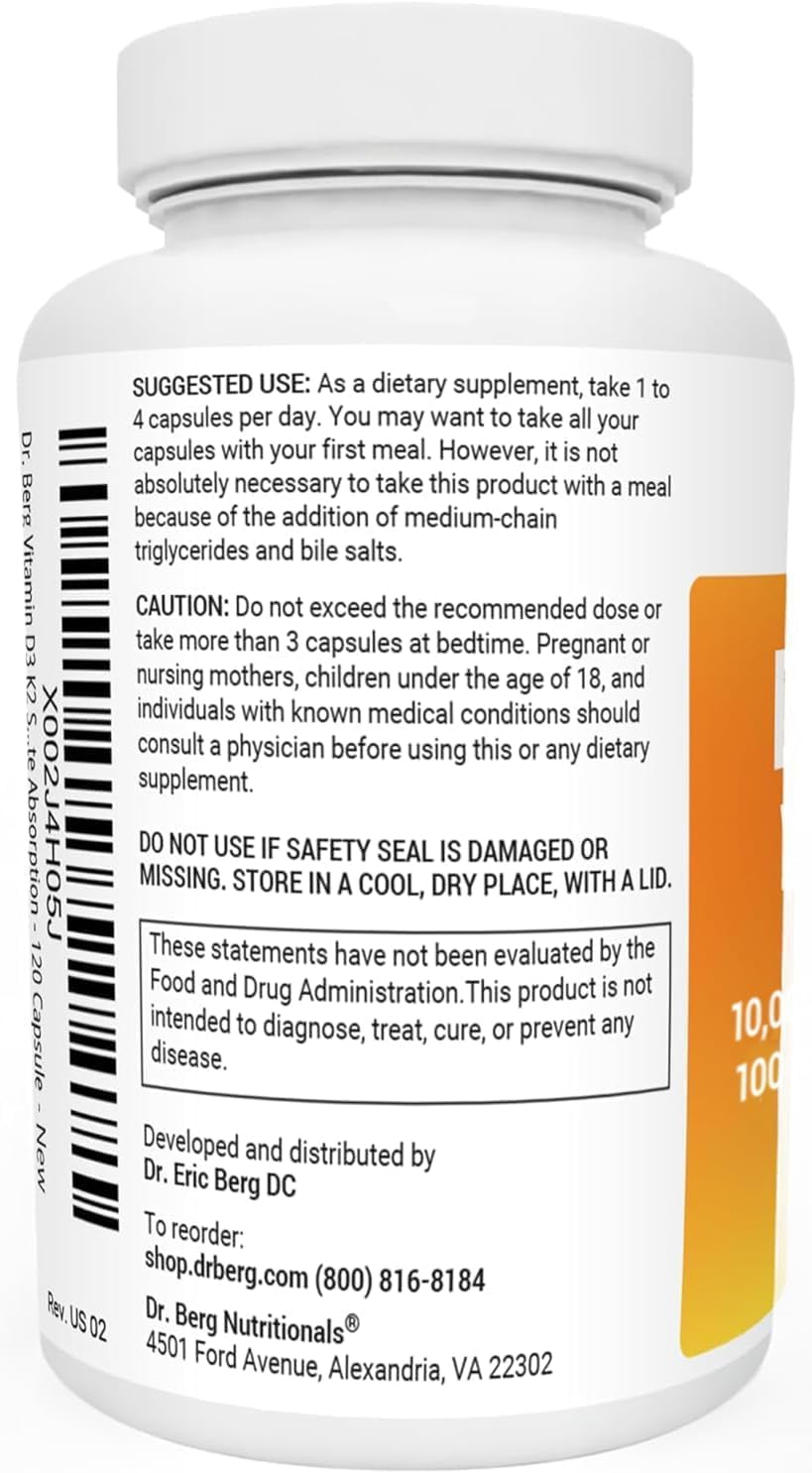 Dr. Berg D3 K2 Vitamin 5000 IU w/MCT Powder - Includes 50 mcg MK7 Vitamin K2, Purified Bile Salts, Zinc & Magnesium for Ultimate Absorption - K2 D3 Vitamin Supplement - 60 Capsules