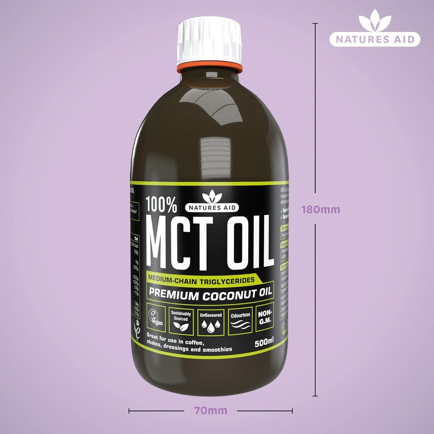 زيت MCT بنسبة 100% من Natures Aid، زيت جوز الهند الفاخر، من مصدر مستدام، يُضاف إلى القهوة أو المخفوقات، نباتي، 500 مل
