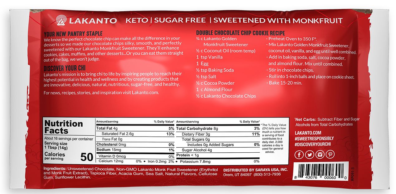 Lakanto Sugar Free Monkfruit Sweetened Chocolate Chips 8oz