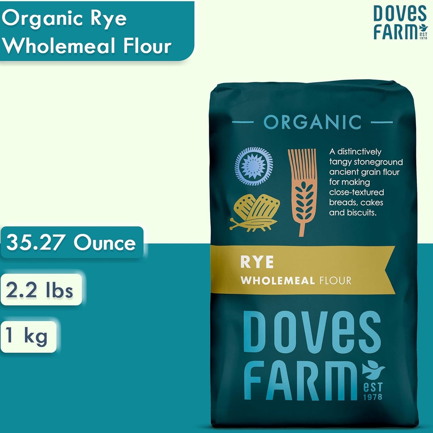 Doves Farm Organic Rye Wholemeal Flour | Stoneground Ancient Grain Flour | Perfect for Close-Textured Breads, Cakes & Biscuit Baking | High in Fiber | Imported from UK | 35.27 Oz (1 Kg)