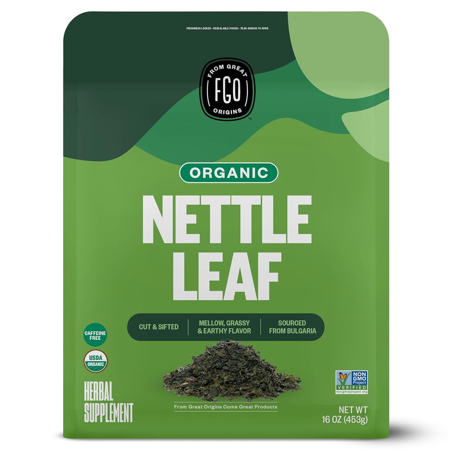 FGO Organic Nettle Leaf Tea, 100 Count, Eco-Conscious Tea Bags, Caffeine Free, Resealable Bag, Packaging May Vary (Pack of 1)