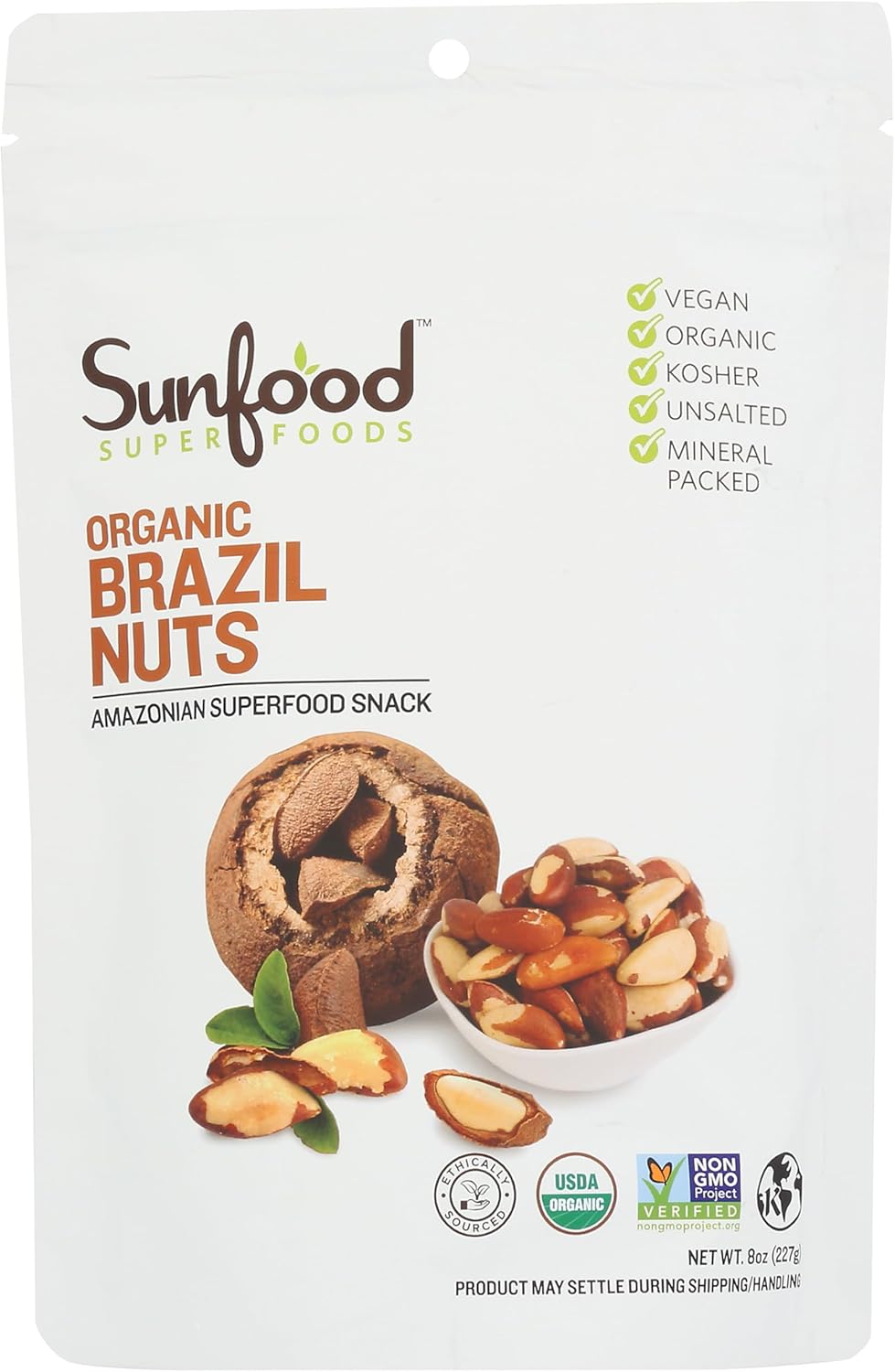 Sunfood Superfoods Raw Organic Brazil Nuts - Brazil Nuts Organic, Raw Brazil Nuts, Brazilian Nuts Unsalted, Great Source of Protein, USDA Organic, Non GMO, Vegan - 8 oz Bag