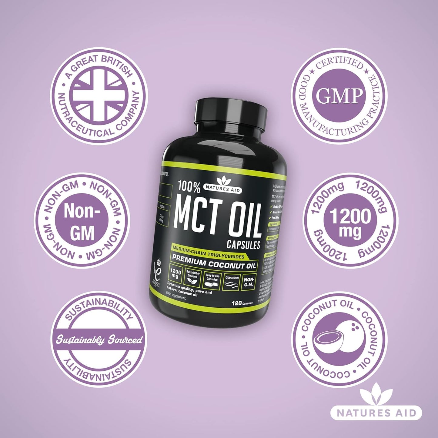 زيت MCT بنسبة 100% من Natures Aid، زيت جوز الهند الفاخر، من مصدر مستدام، يُضاف إلى القهوة أو المخفوقات، نباتي، 500 مل