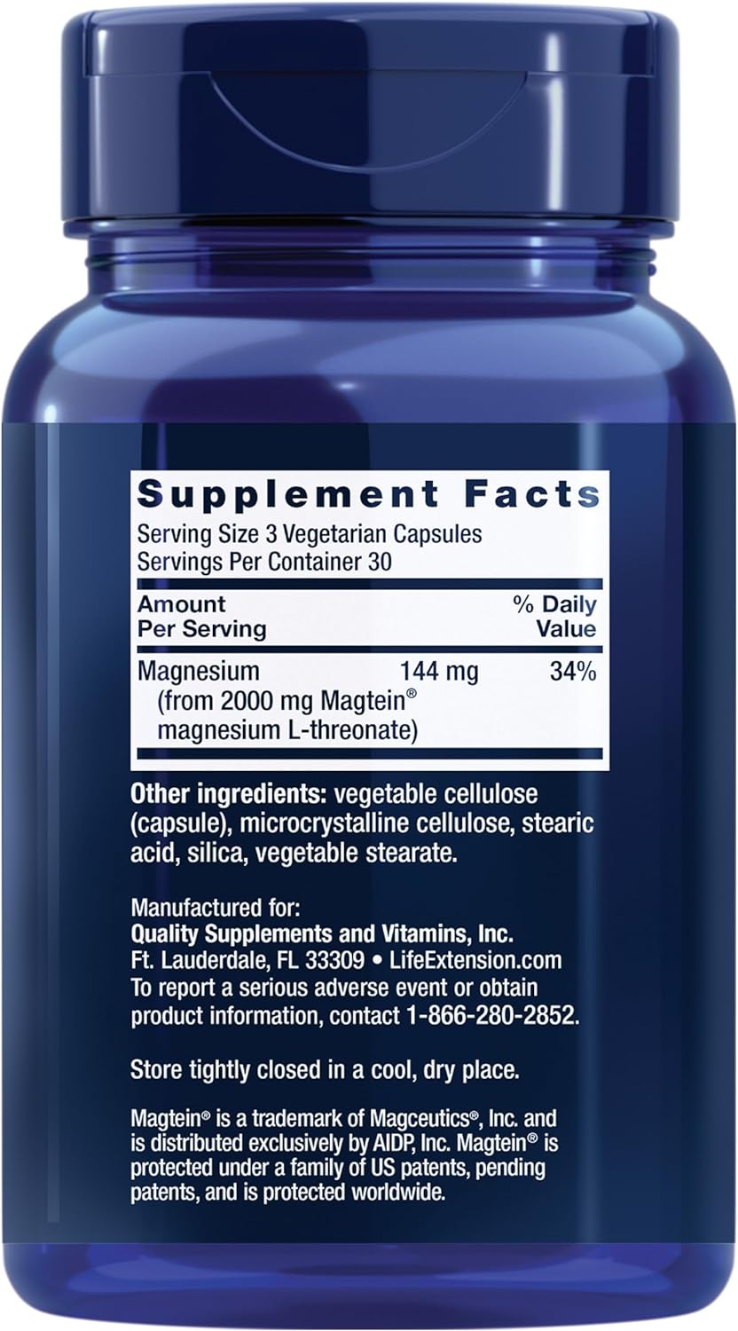 Life Extension Neuro-Mag Magnesium L-Threonate, Magnesium L-threonate, Memory Health, Quick Thinking, Cognitive Health Support, Vegetarian, Non-GMO, 90 Vegetarian Capsules