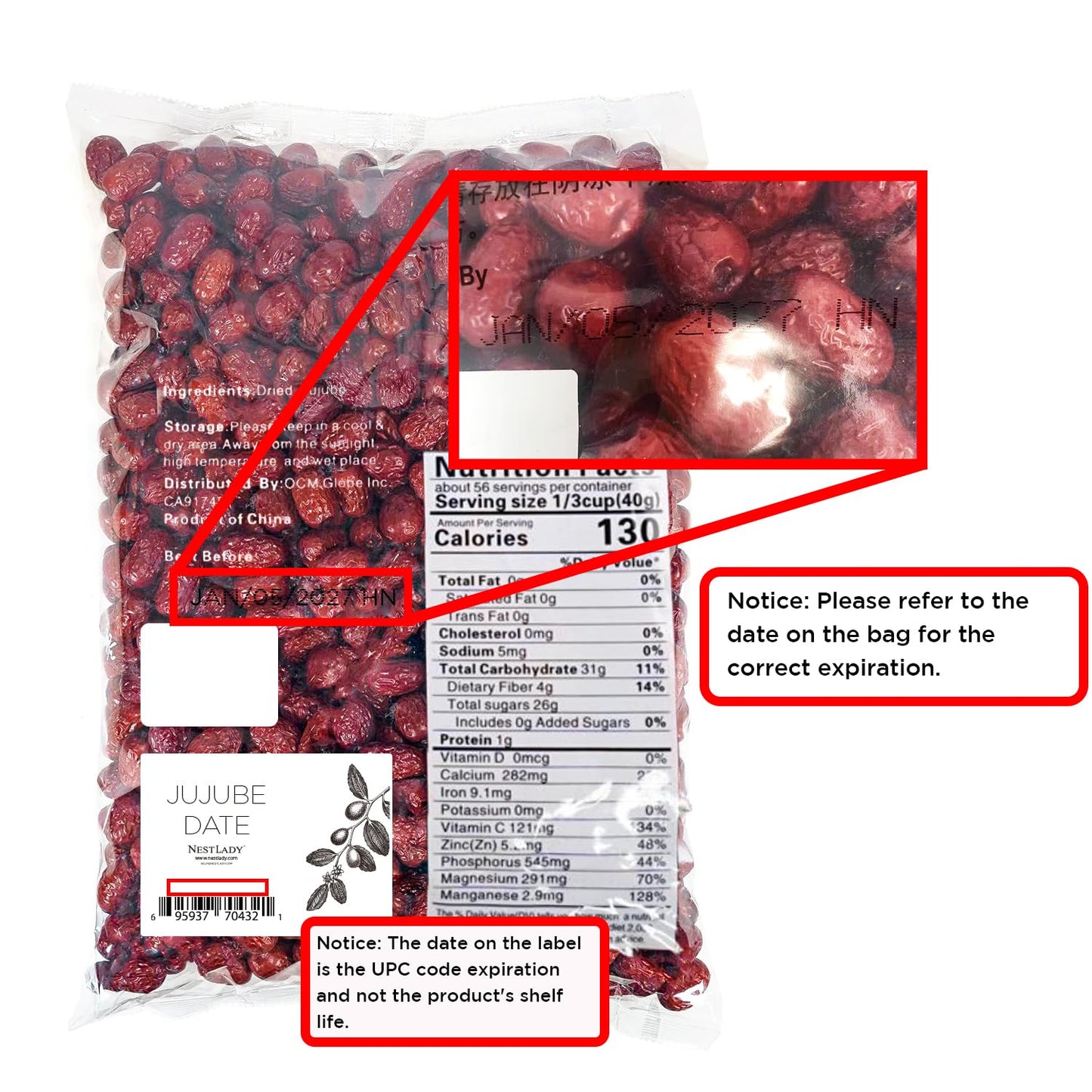 NESTLADY Premium Jujube Date, Red Date (Hong Zao), 100% Natural, Improve sleep, Health Snack, Dried Fruit, Sweet and Chewy Net weight: 454g (1LB),Packed in USA