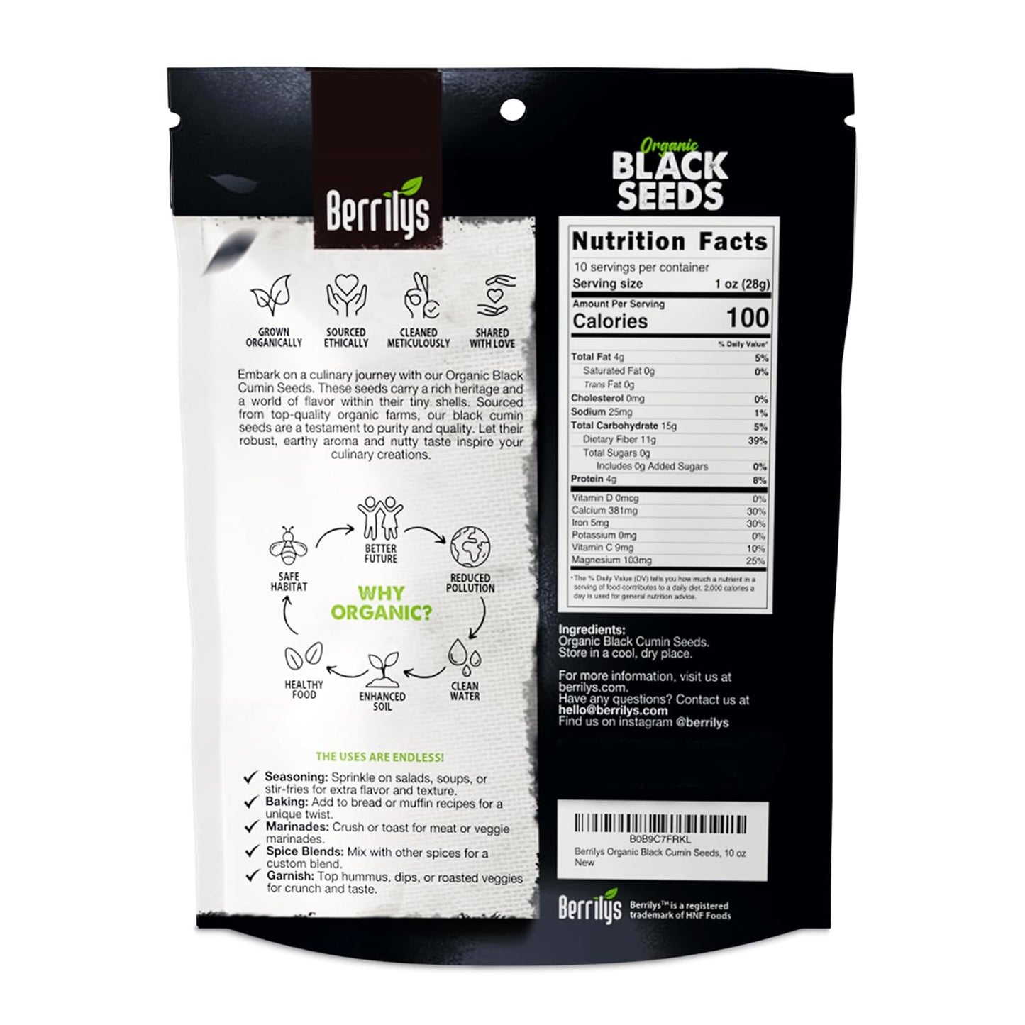 Berrilys Black Seeds - USDA Organic Nigella Sativa, Kalonji & Black Cumin Seeds, Vegan, Gluten-Free - Pure Spice & Health Food, Enhances Flavor of Dishes, Nutrient-Rich, Premium Quality - 10oz