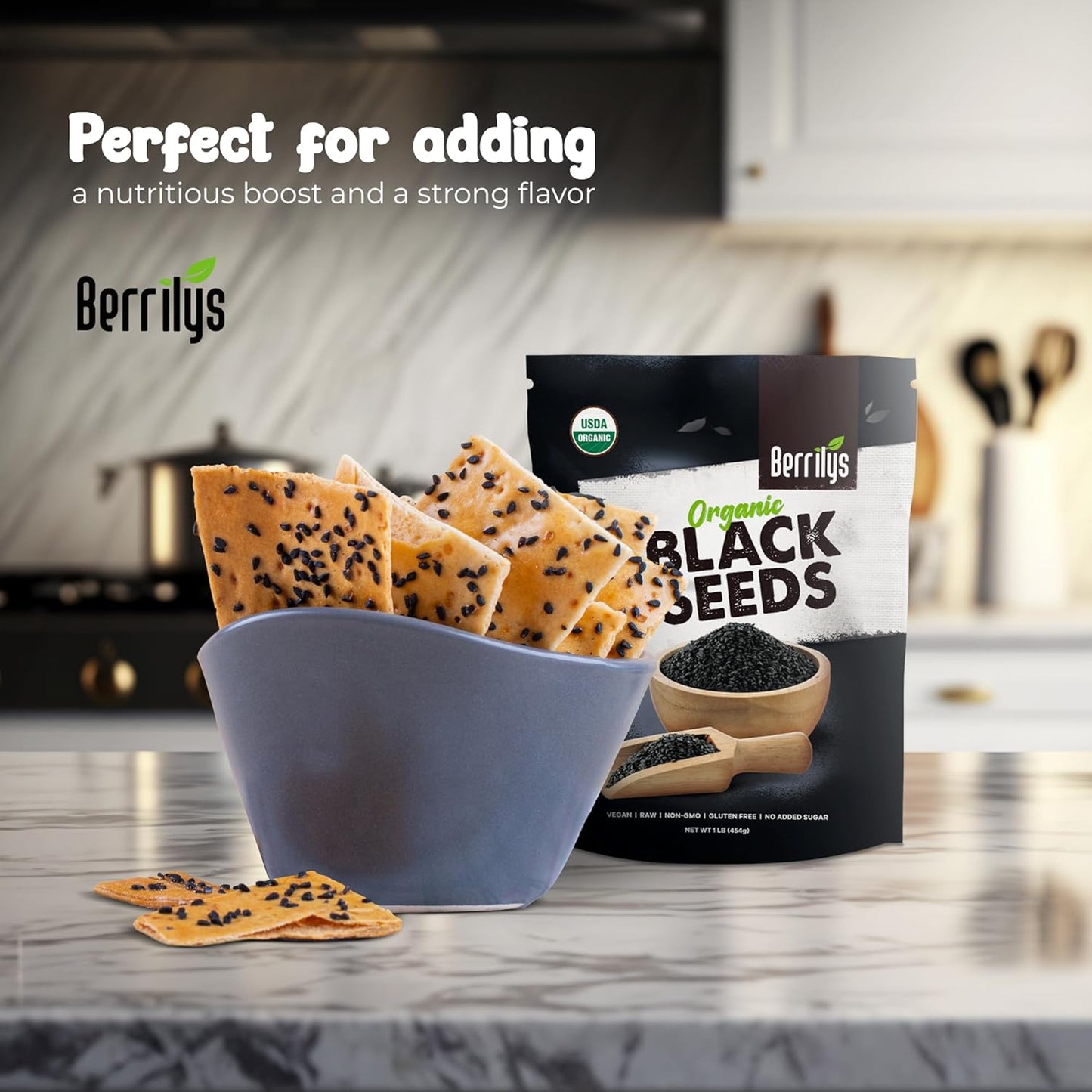 Berrilys Black Seeds - USDA Organic Nigella Sativa, Kalonji & Black Cumin Seeds, Vegan, Gluten-Free - Pure Spice & Health Food, Enhances Flavor of Dishes, Nutrient-Rich, Premium Quality - 10oz