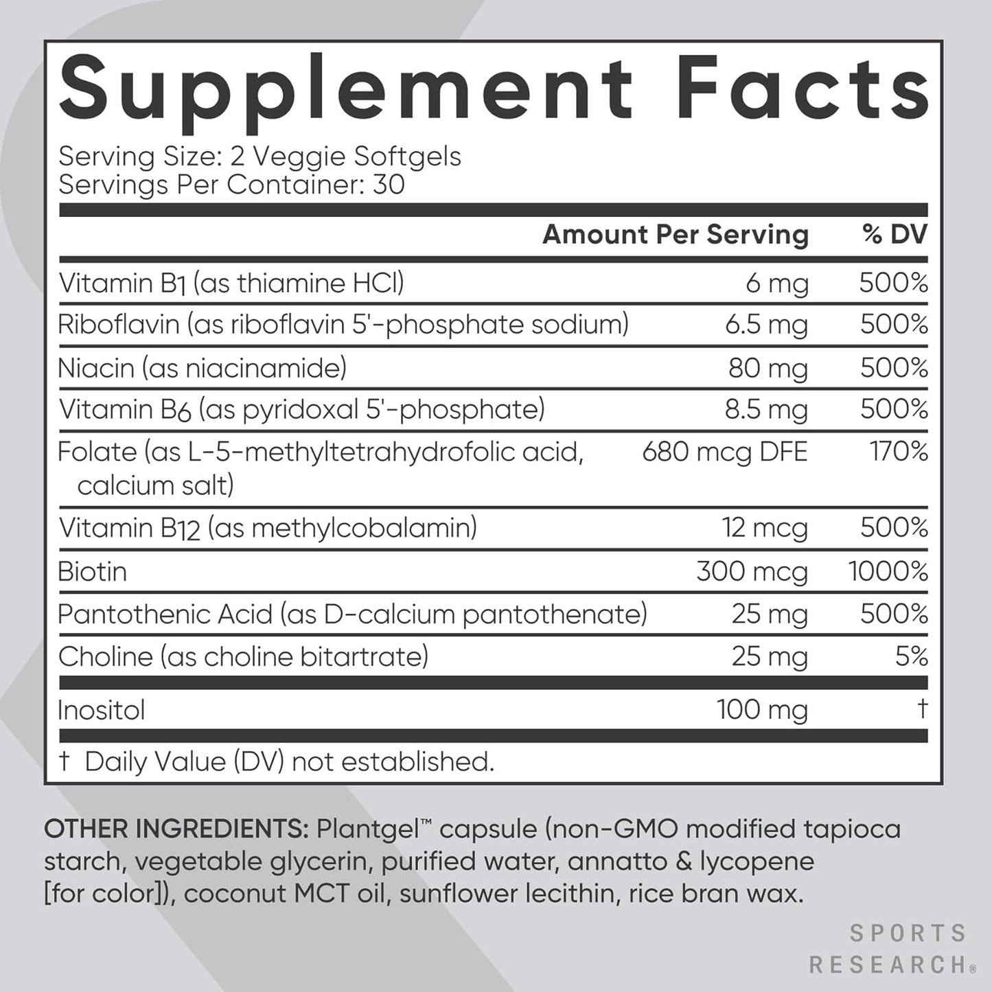 Sports Research Vitamin B-Complex - Full Spectrum of B Vitamins - Plant-Based Vegan-Friendly Formula - 60 Veggie Softgels