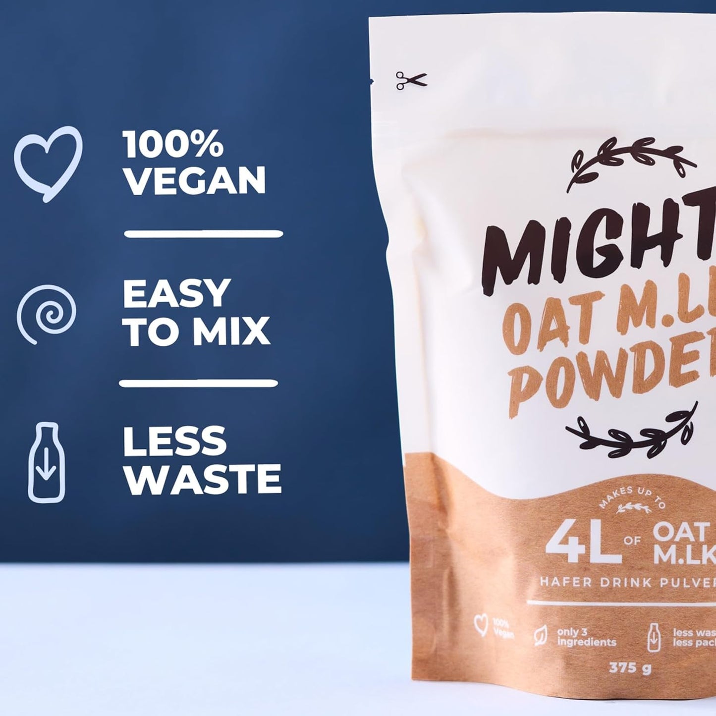 MIGHTY Oat Milk Powder, (375g Bag, Makes 4L of Oat M.lk), Vegan Coffee Creamer, Ideal for Camping, Travelling, Festivals