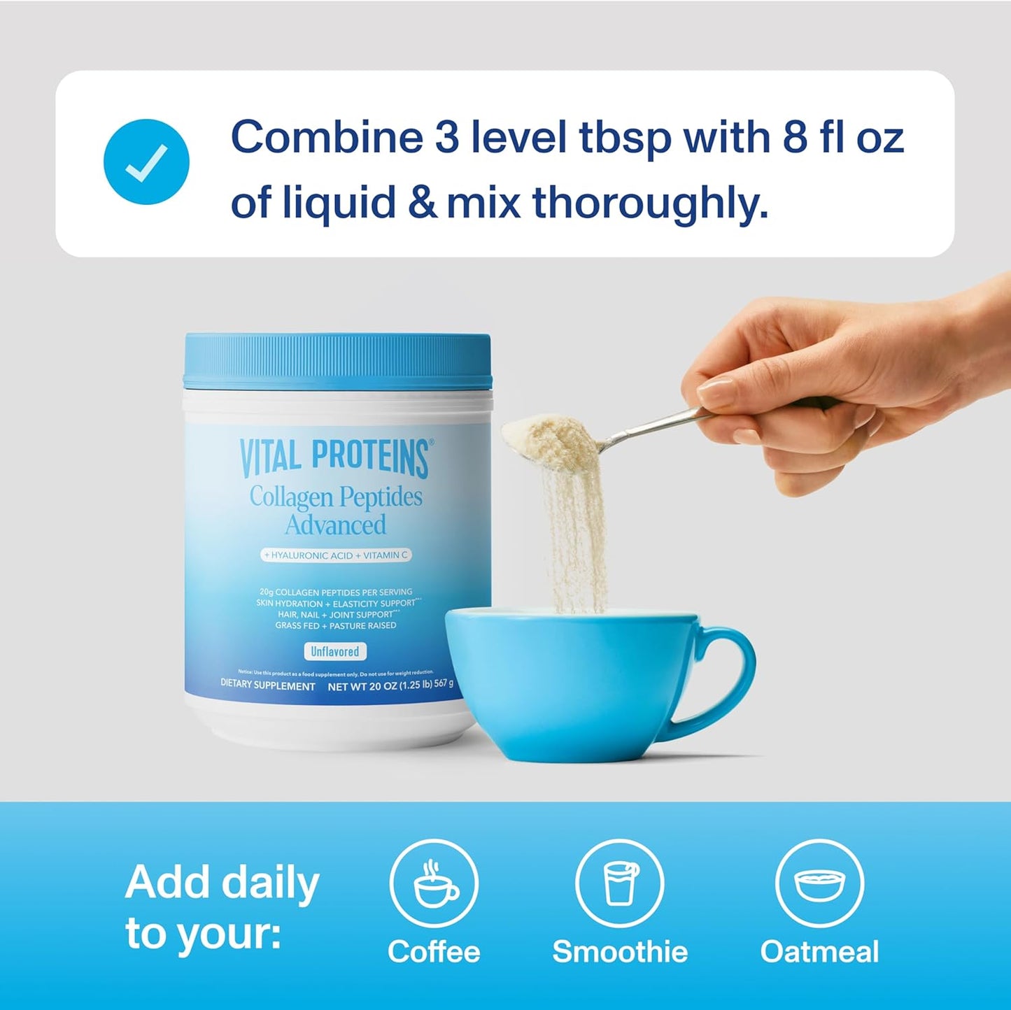Vital Proteins Collagen Peptides Powder Advanced with Hyaluronic Acid & Vitamin C - 20oz Collagen Protein, Unflavored, 27 Servings