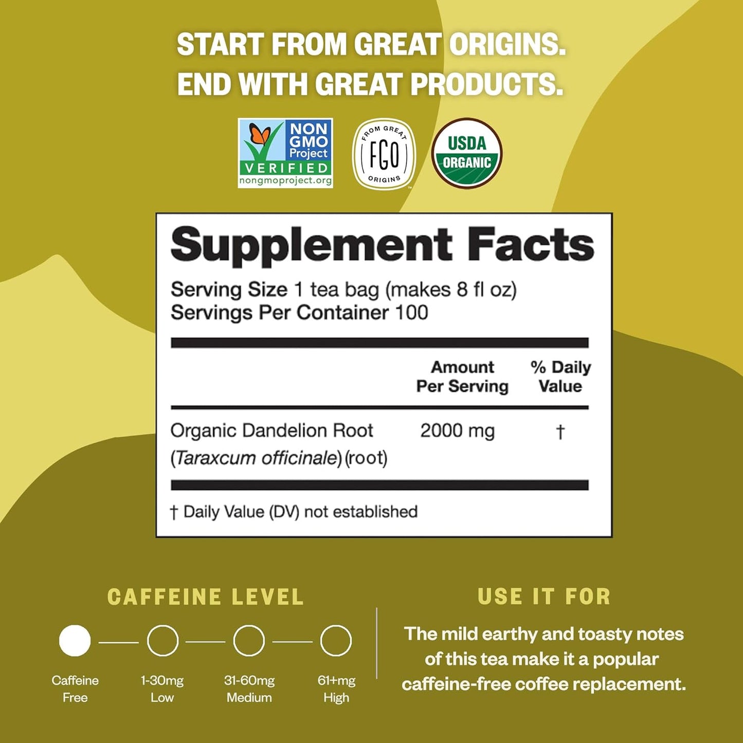 FGO Organic Nettle Leaf Tea, 100 Count, Eco-Conscious Tea Bags, Caffeine Free, Resealable Bag, Packaging May Vary (Pack of 1)