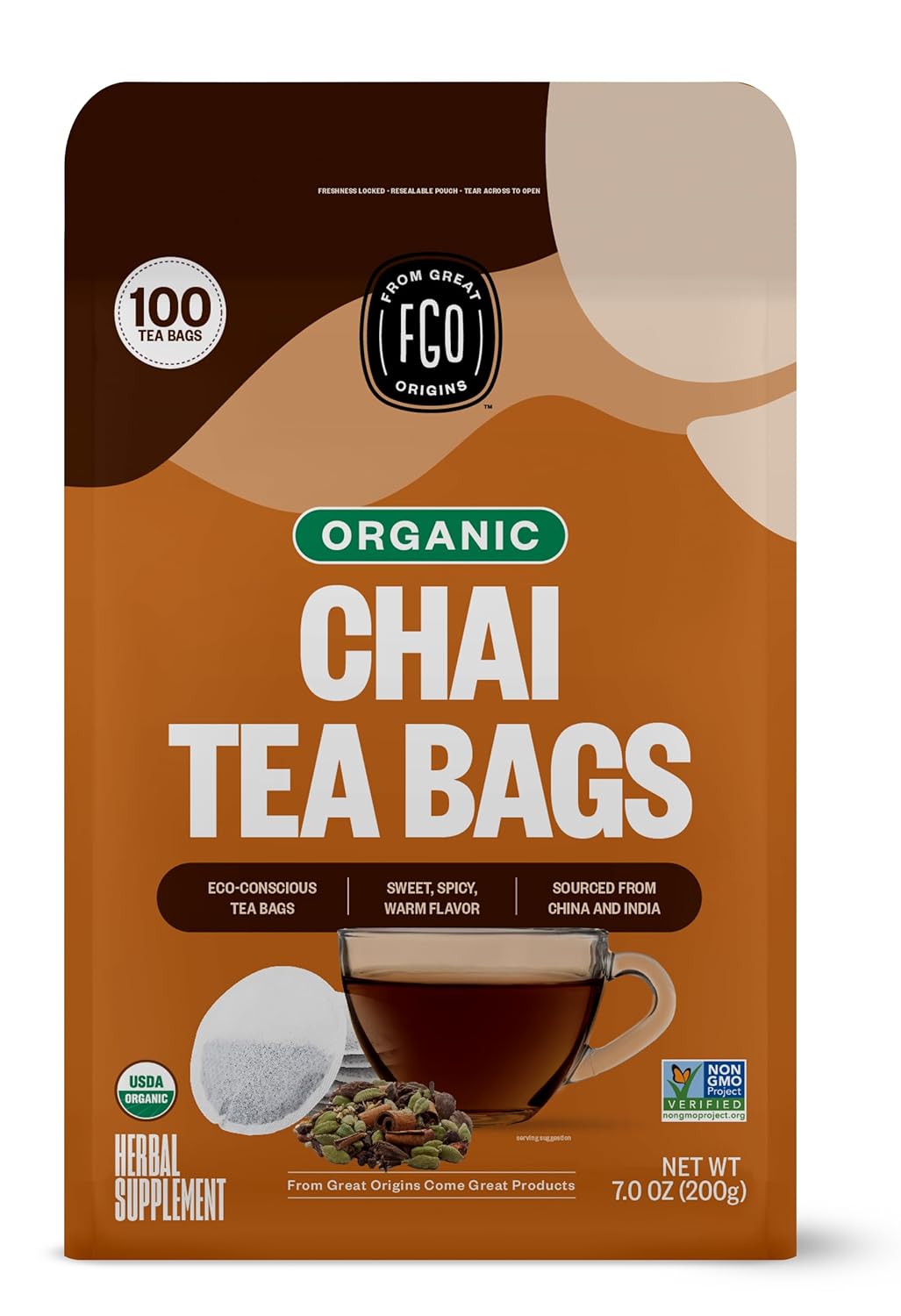 FGO Organic Nettle Leaf Tea, 100 Count, Eco-Conscious Tea Bags, Caffeine Free, Resealable Bag, Packaging May Vary (Pack of 1)