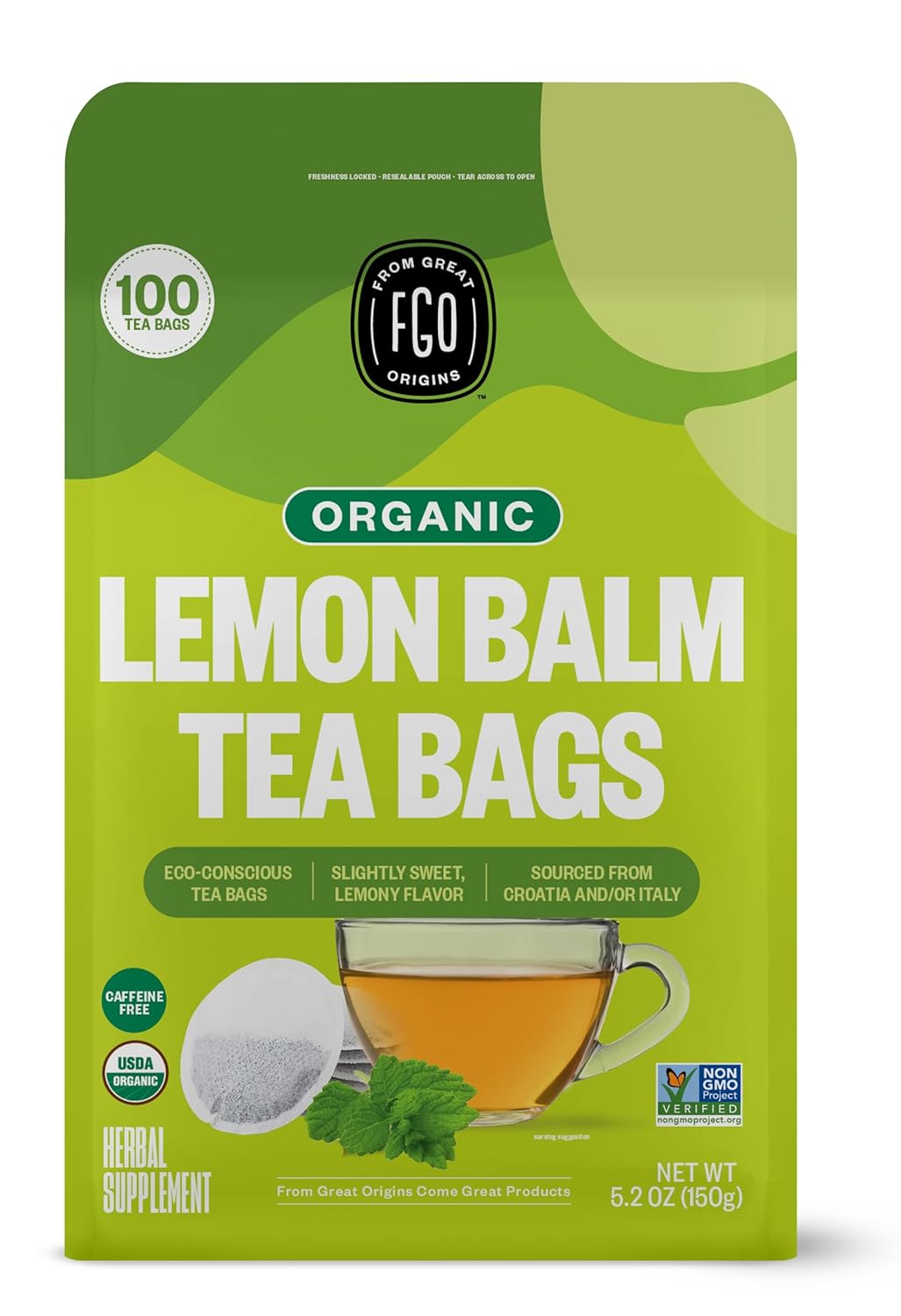 FGO Organic Nettle Leaf Tea, 100 Count, Eco-Conscious Tea Bags, Caffeine Free, Resealable Bag, Packaging May Vary (Pack of 1)