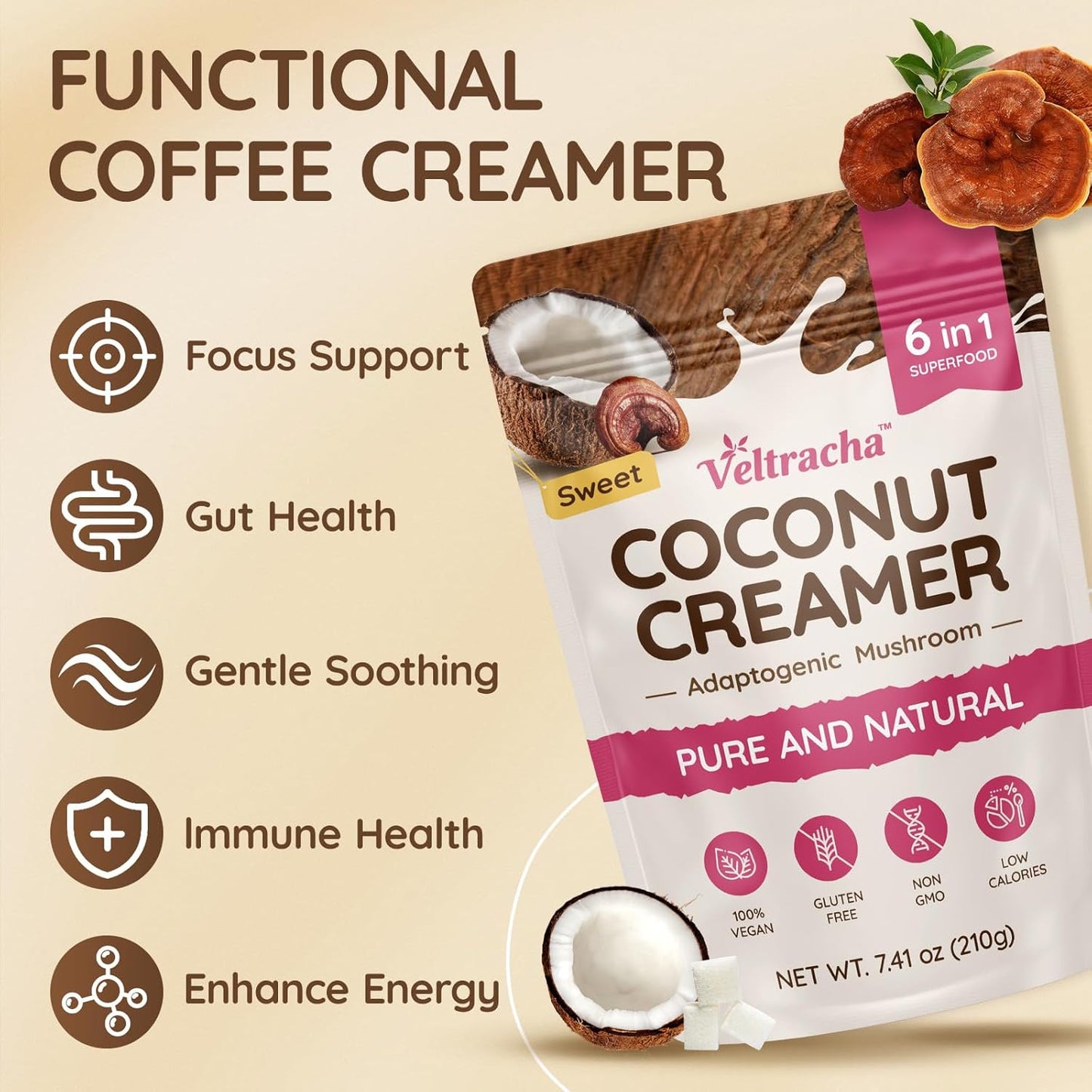 Veltracha Mushroom Coconut Coffee Creamer, Coffee Mate Creamer Powder with Pure Coconut Extract and 6 Adaptogenic Mushroom, Superfood Creamer Vegan & Unsweetened, 7.41oz (30 Servings), Mocha