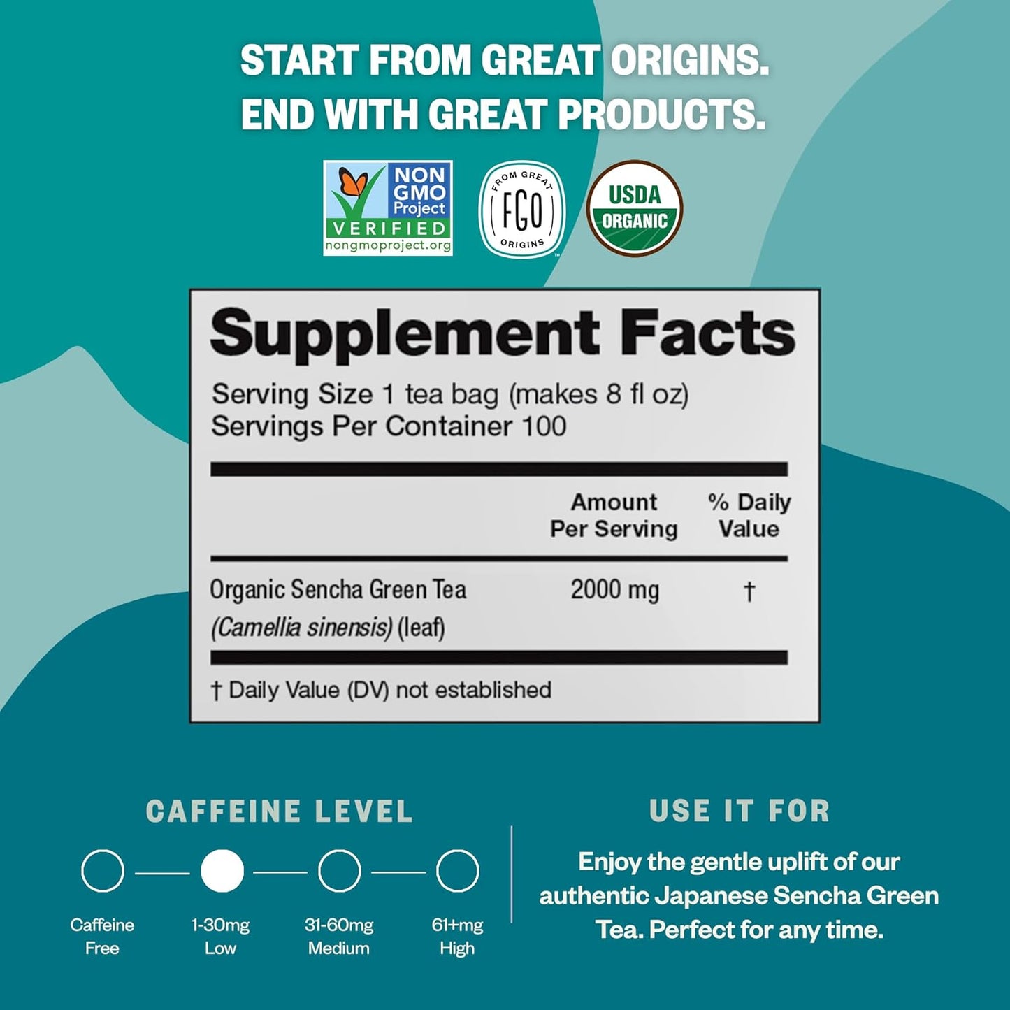 FGO Organic Nettle Leaf Tea, 100 Count, Eco-Conscious Tea Bags, Caffeine Free, Resealable Bag, Packaging May Vary (Pack of 1)