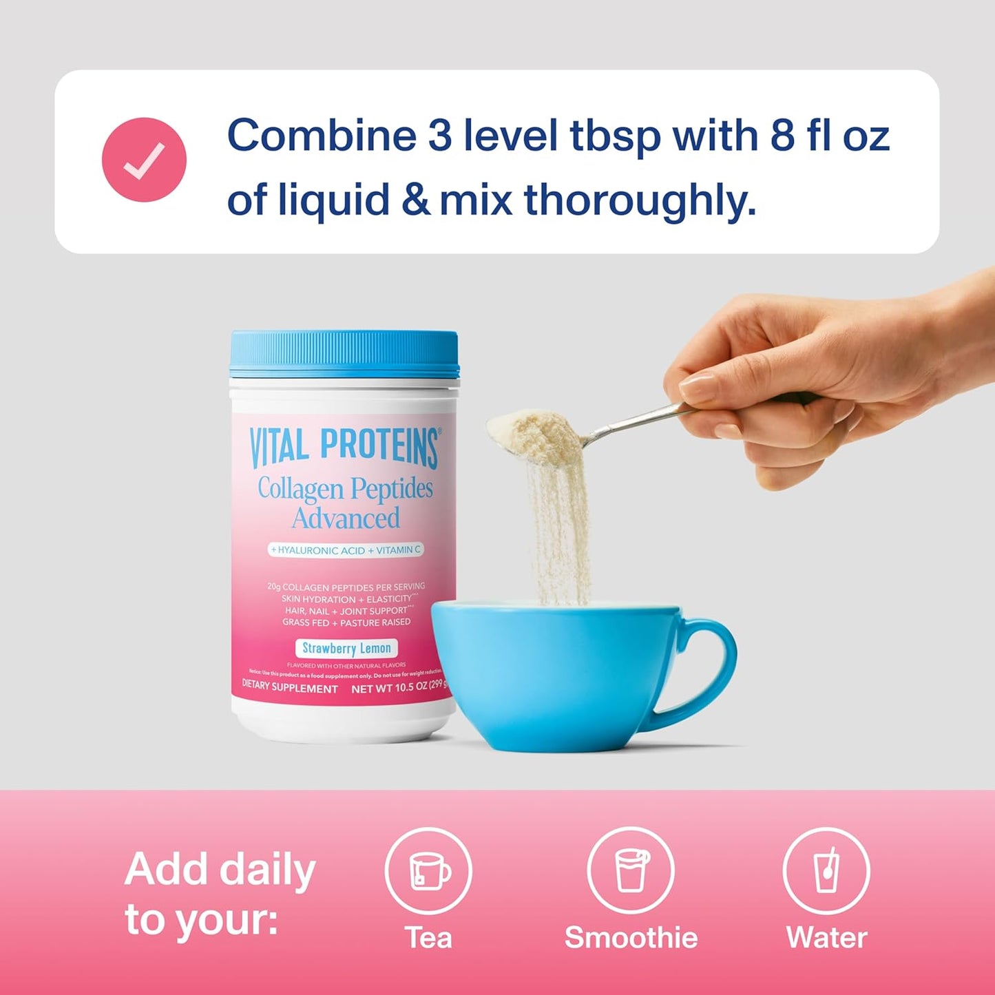 Vital Proteins Collagen Peptides Powder Advanced with Hyaluronic Acid & Vitamin C - 20oz Collagen Protein, Unflavored, 27 Servings