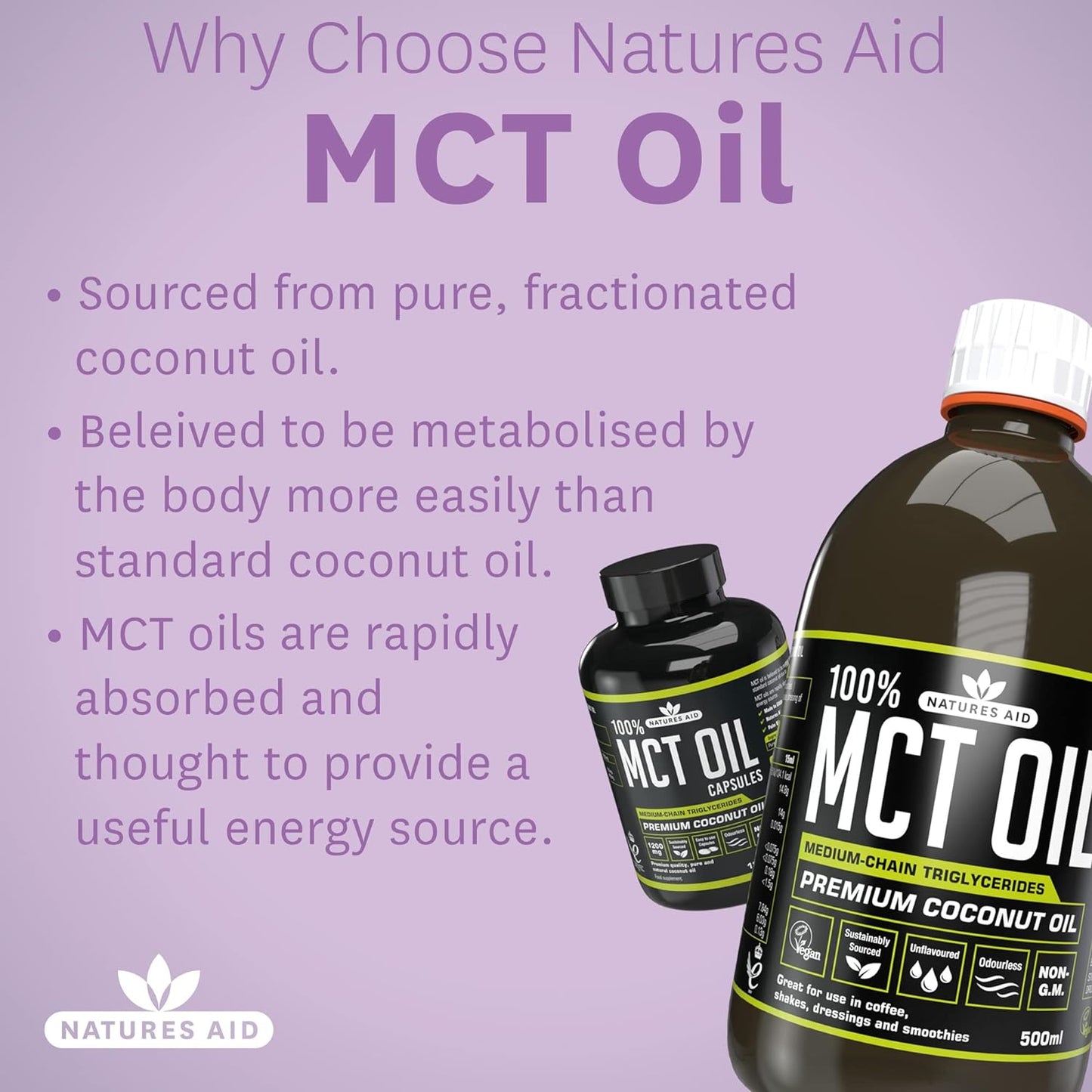 زيت MCT بنسبة 100% من Natures Aid، زيت جوز الهند الفاخر، من مصدر مستدام، يُضاف إلى القهوة أو المخفوقات، نباتي، 500 مل