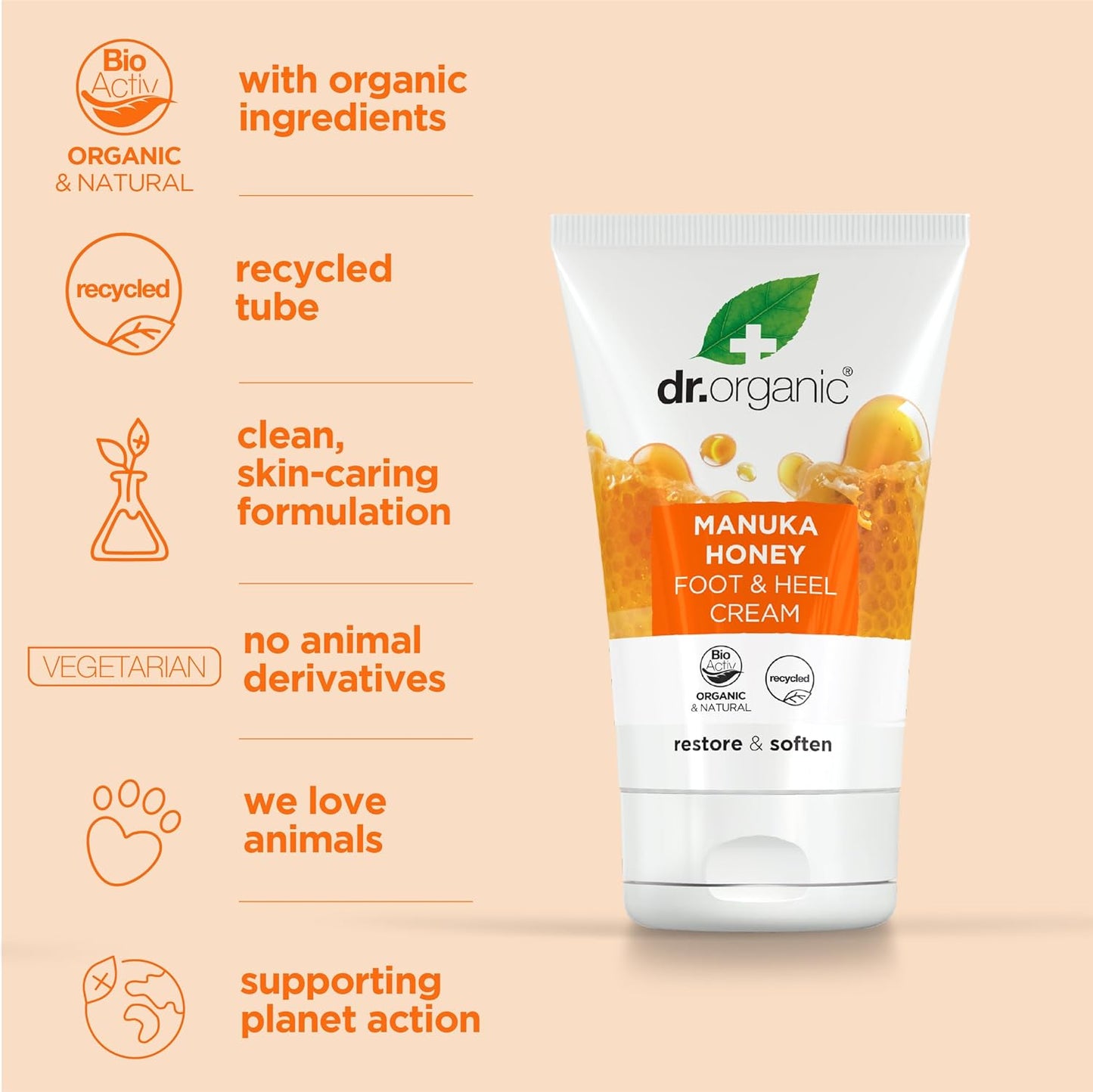 Dr. Organic Manuka Honey Foot Cream, Moisturising, Dry Skin, Mens, Womens, Natural, Vegetarian, Cruelty-Free, Paraben & SLS-Free, Recycled & Recyclable, Organic, 125ml, Packaging may vary