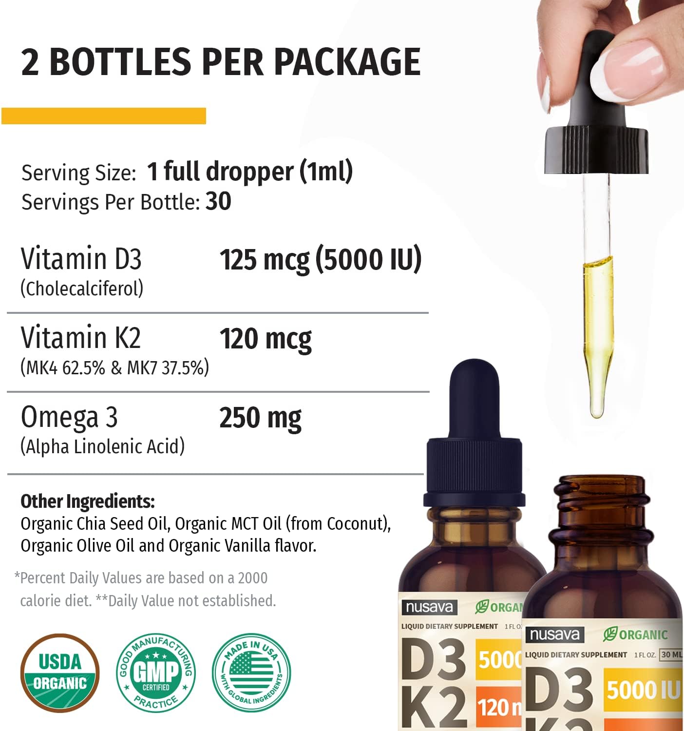 Nusava Organic Vitamin D3 K2 Drops w MCT Oil Omega 3, 5000 IU, Vitamin D Liquid 5000 IU, No Fillers, Non-GMO Liquid D3 for Body’s Defenses & Faster Absorption, Unflavored, 2 Fl Oz Liquid Vitamin D3