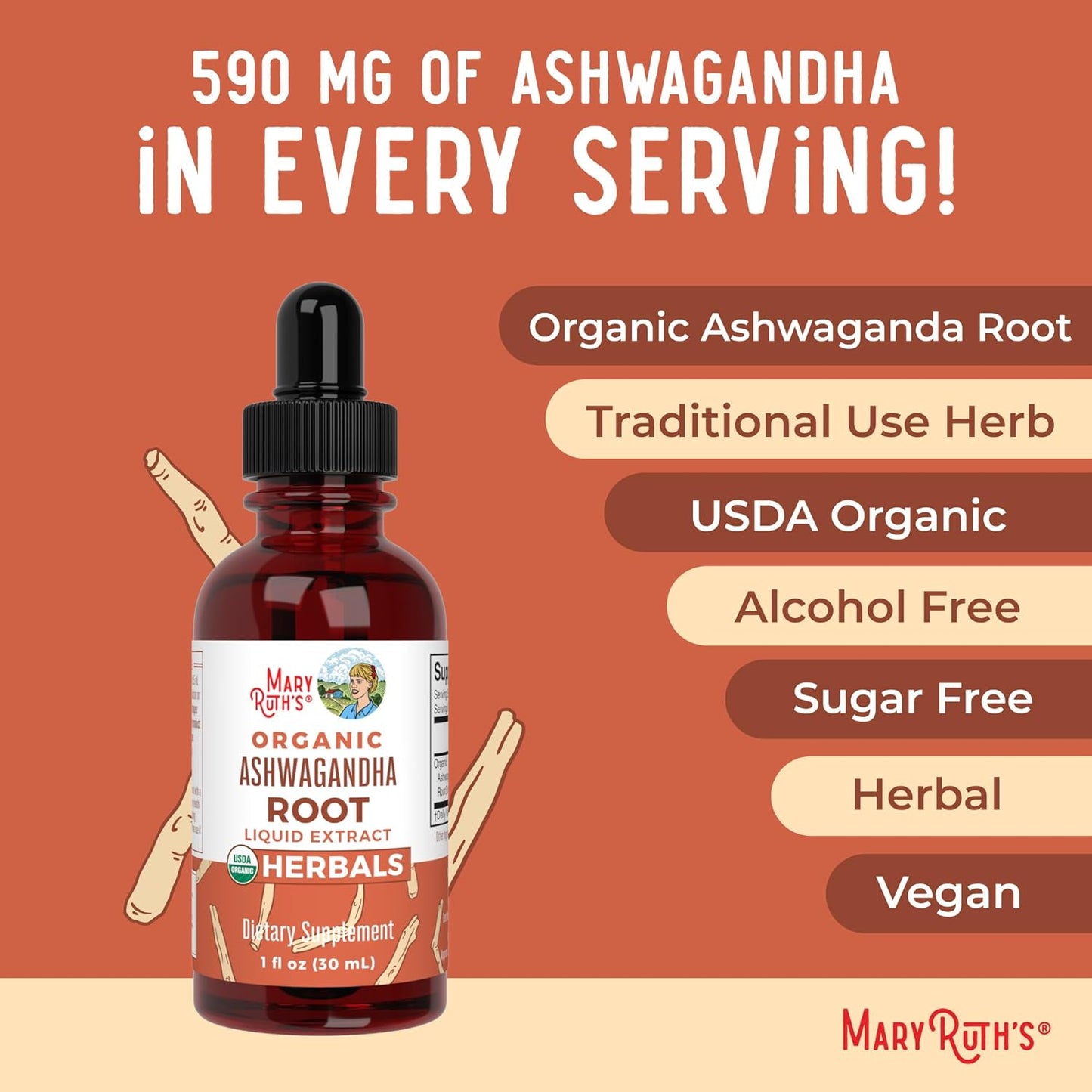 USDA Organic Ashwagandha Root Liquid Drops by MaryRuth's | Adaptogenic, Nervine, Neuroprotective | May Help Alleviate Stress & Regulate Homeostasis | Non-GMO, Vegan, 1oz