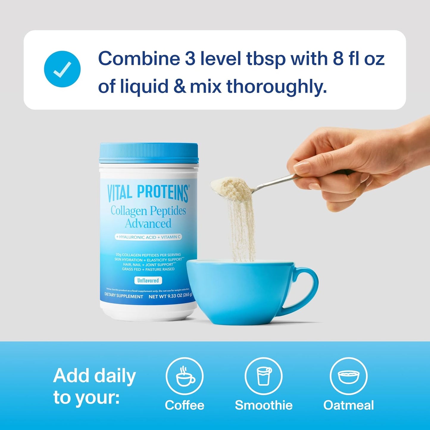 Vital Proteins Collagen Peptides Powder Advanced with Hyaluronic Acid & Vitamin C - 20oz Collagen Protein, Unflavored, 27 Servings