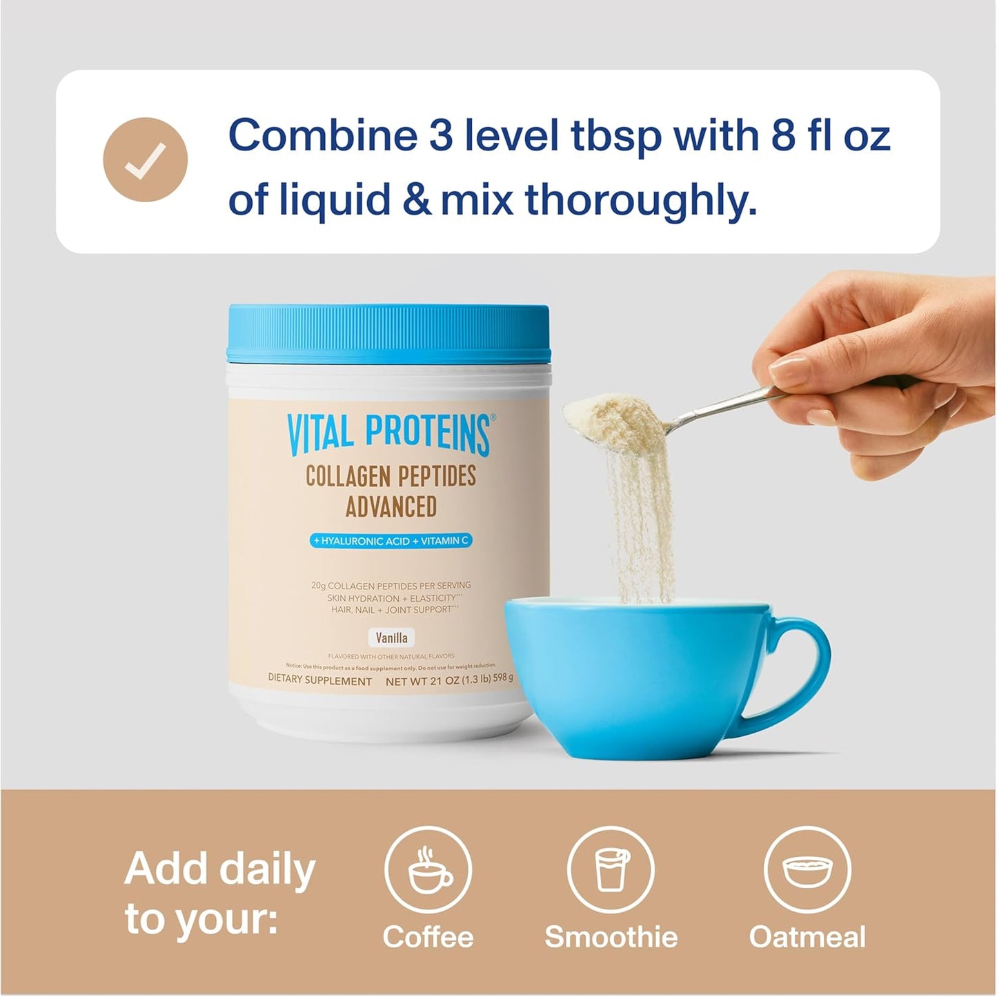 Vital Proteins Collagen Peptides Powder Advanced with Hyaluronic Acid & Vitamin C - 20oz Collagen Protein, Unflavored, 27 Servings