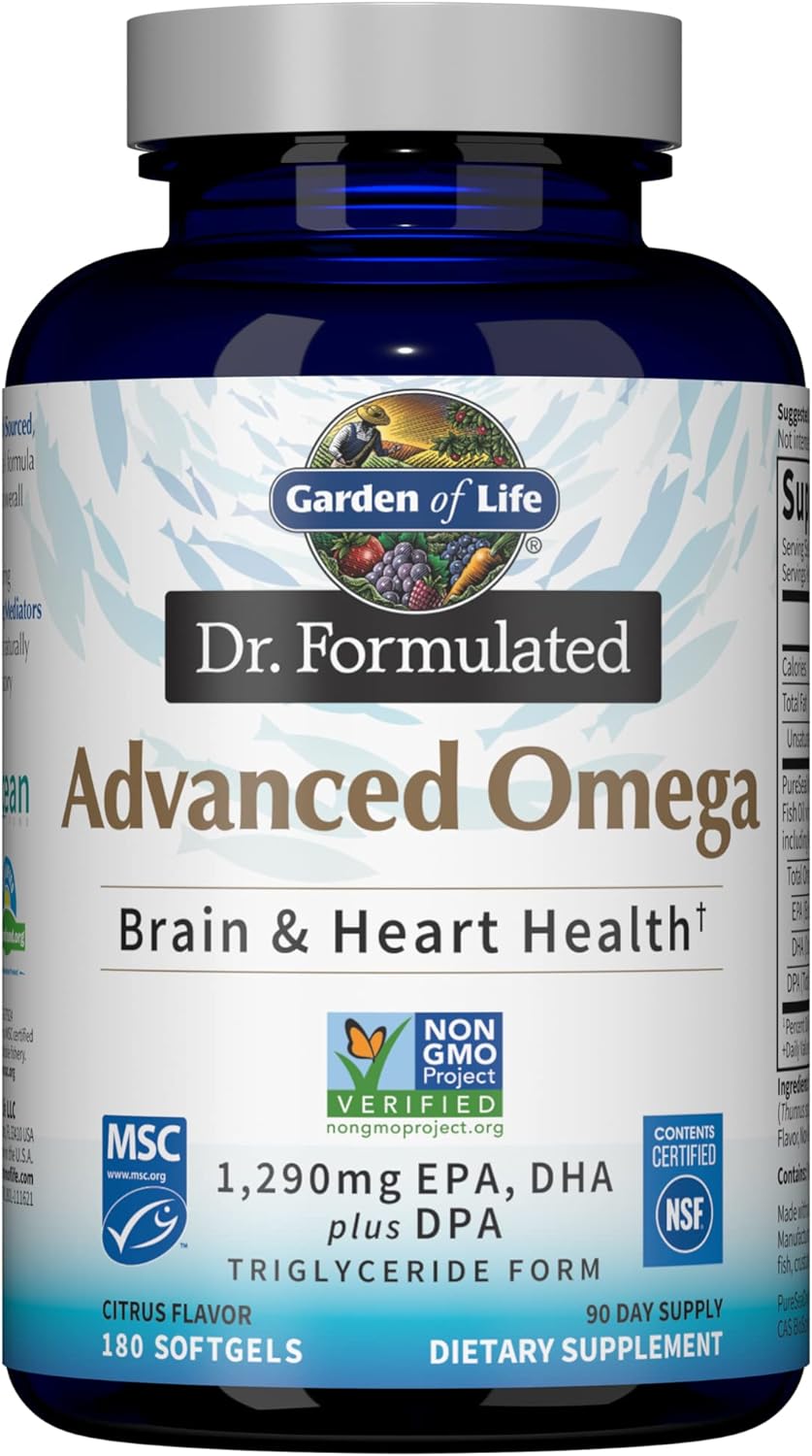Garden of Life Dr. Formulated Advanced Omega Fish Oil - Lemon, 1,290mg EPA, DHA + DPA in Triglyceride Form, Single Source Omega 3 Supplement for Ultimate Brain & Heart Health, Non-GMO, 180 Softgels