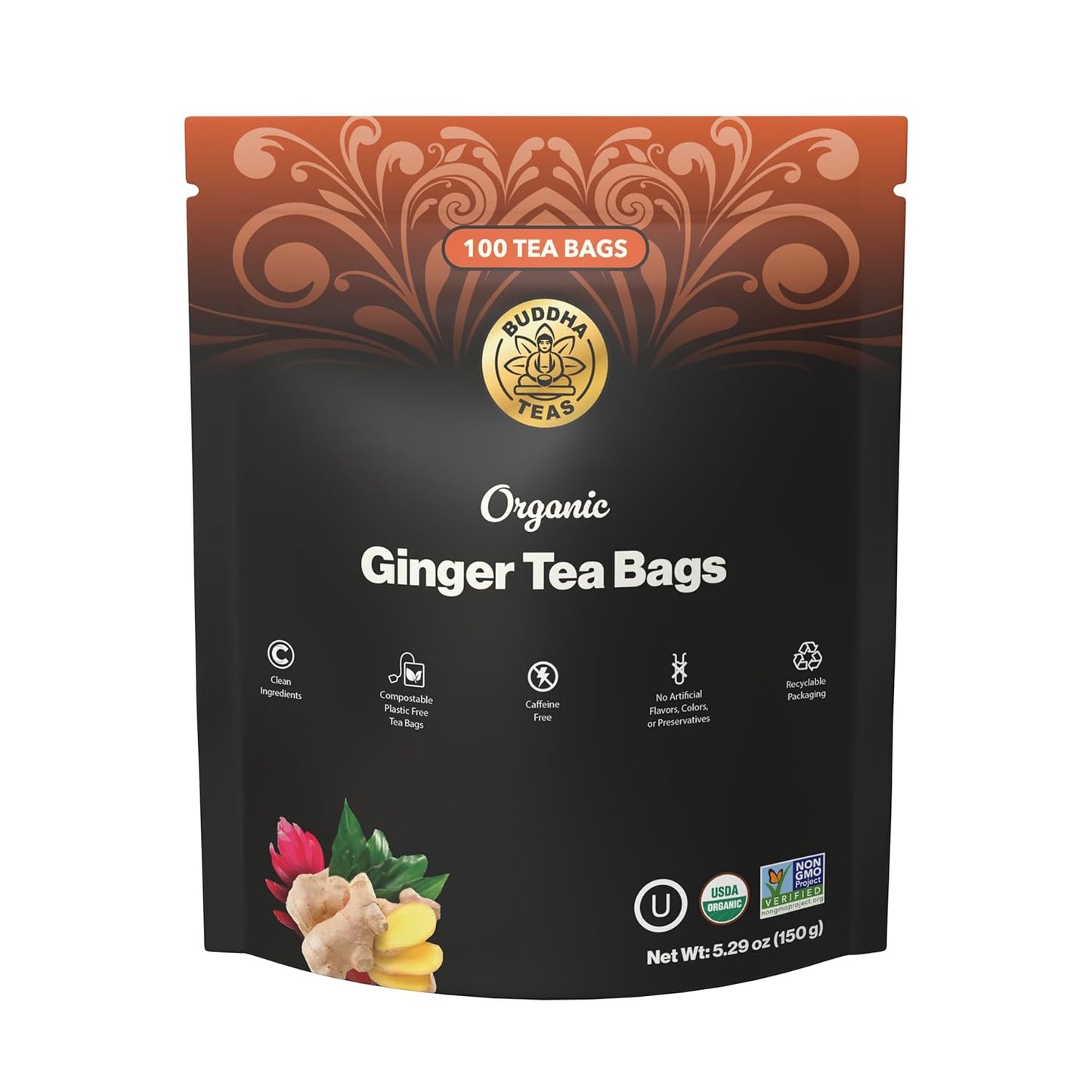 Buddha Teas Organic Turmeric Ginger Tea - OU Kosher, USDA Organic, CCOF Organic, 18 Bleach-Free Tea Bags