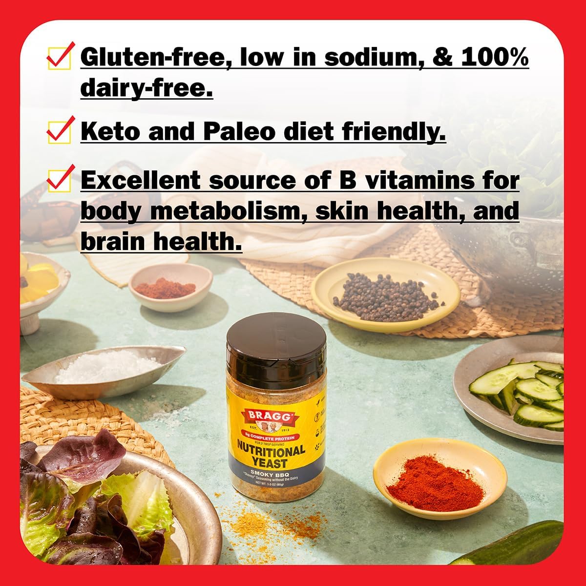 Bragg Premium Nutritional Yeast Seasoning - Vegan, Gluten Free – Good Source of Protein & Vitamins – Nutritious Savory Parmesan Cheese Substitute (Smoky BBQ, 3.0 Ounce (Pack of 1))